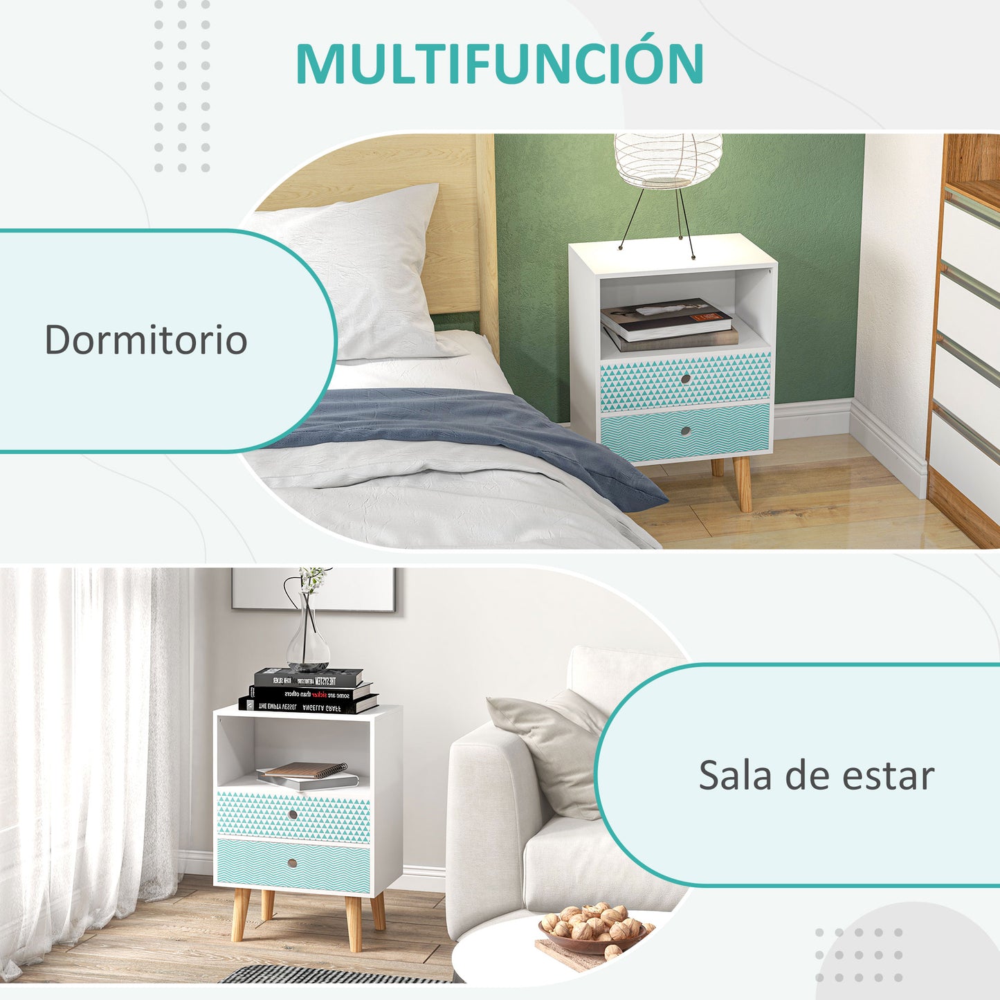 HOMCOM Mesita de Noche Cómoda de Madera Cajonera con 2 Cajones con Estante Abierto para Dormitorio Salón 45x30x65 cm Blanco