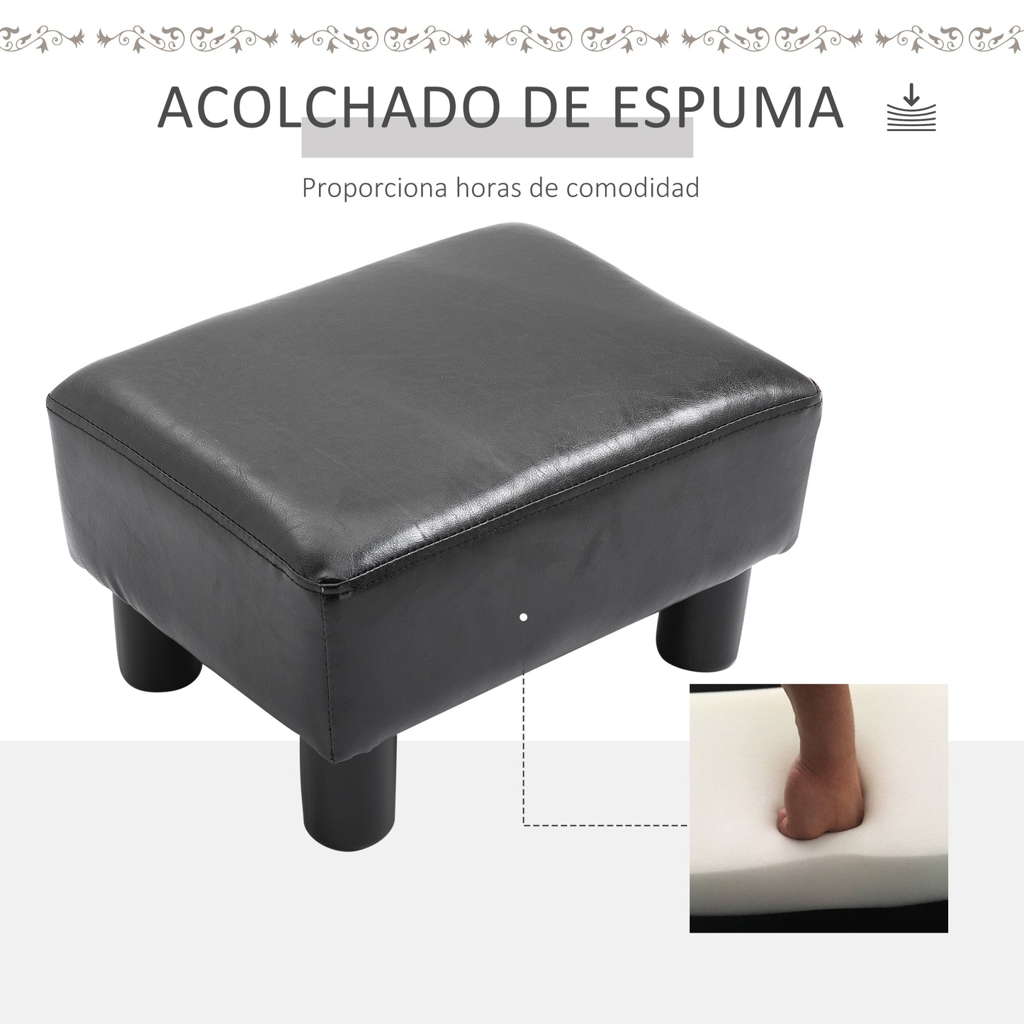 HOMCOM Reposapiés Otomano Taburete Pequeño Tapizado en Piel Sintética con Asiento Acolchado de Espuma y Patas de Plástico para Sofá Dormitorio 40x30x24 cm Negro