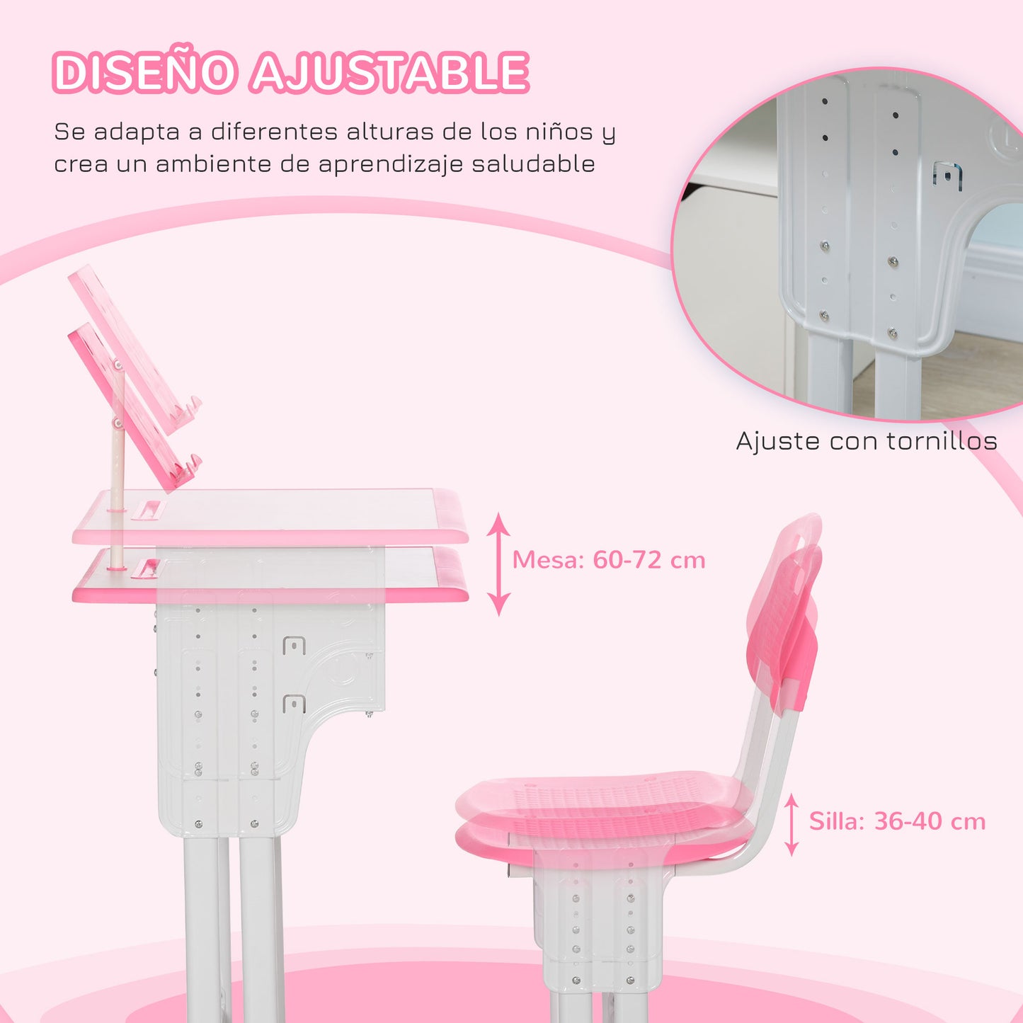 HOMCOM Juego de Escritorio y Silla para Niños de 6-12 Años Pupitre Infantil Altura Ajustable con 1 Cajón 1 Ranura para Lápiz y 1 Estante para Libros Acero 60x45x90-102 cm Rosa