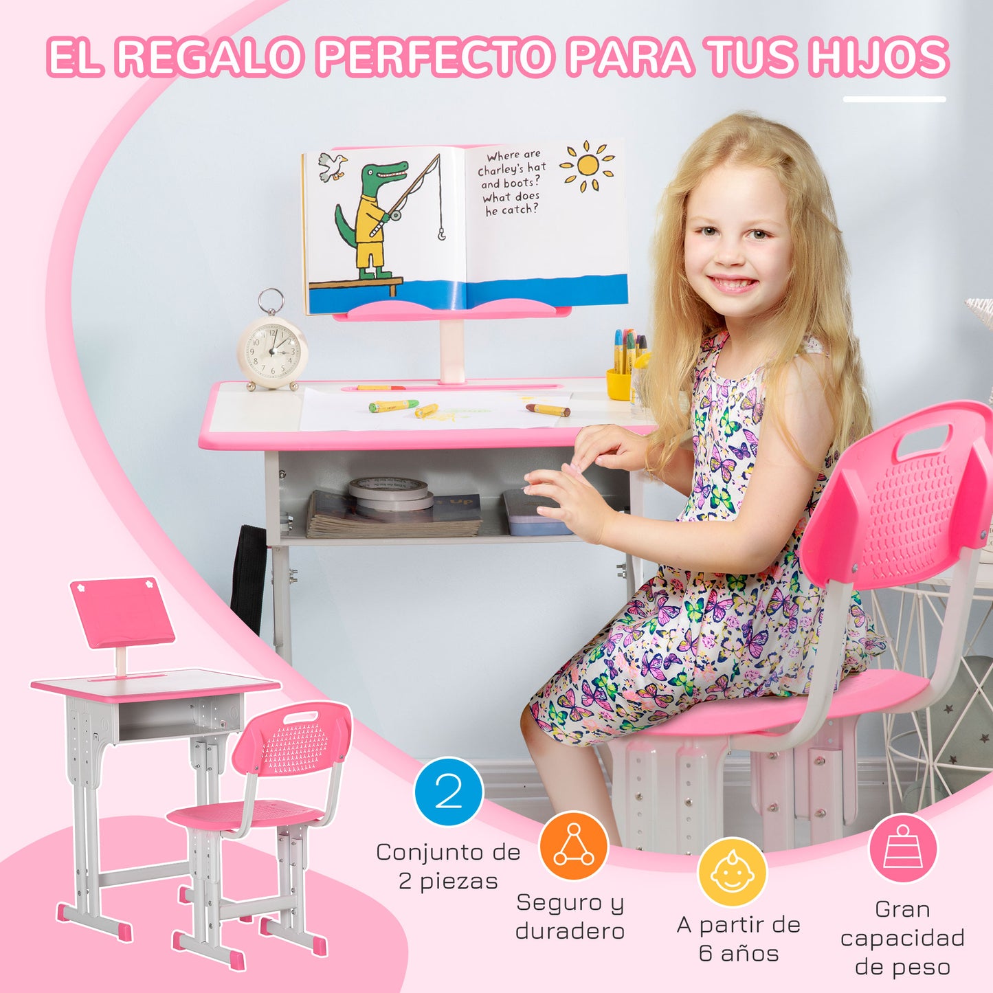 HOMCOM Juego de Escritorio y Silla para Niños de 6-12 Años Pupitre Infantil Altura Ajustable con 1 Cajón 1 Ranura para Lápiz y 1 Estante para Libros Acero 60x45x90-102 cm Rosa