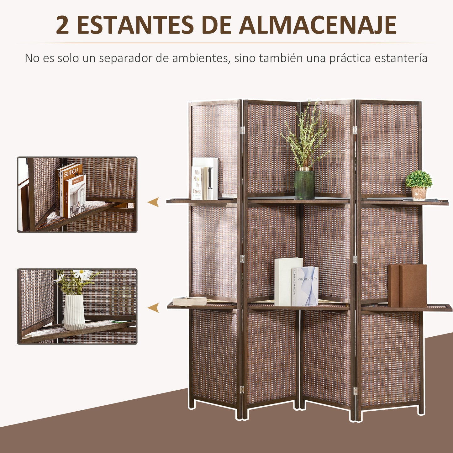 HOMCOM Biombo de 4 Piezas de Bambú Biombo Separador de Ambientes Plegable con 2 Estantes Extraíbles Divisor de Habitaciones Dormitorio 180x180 cm Marrón