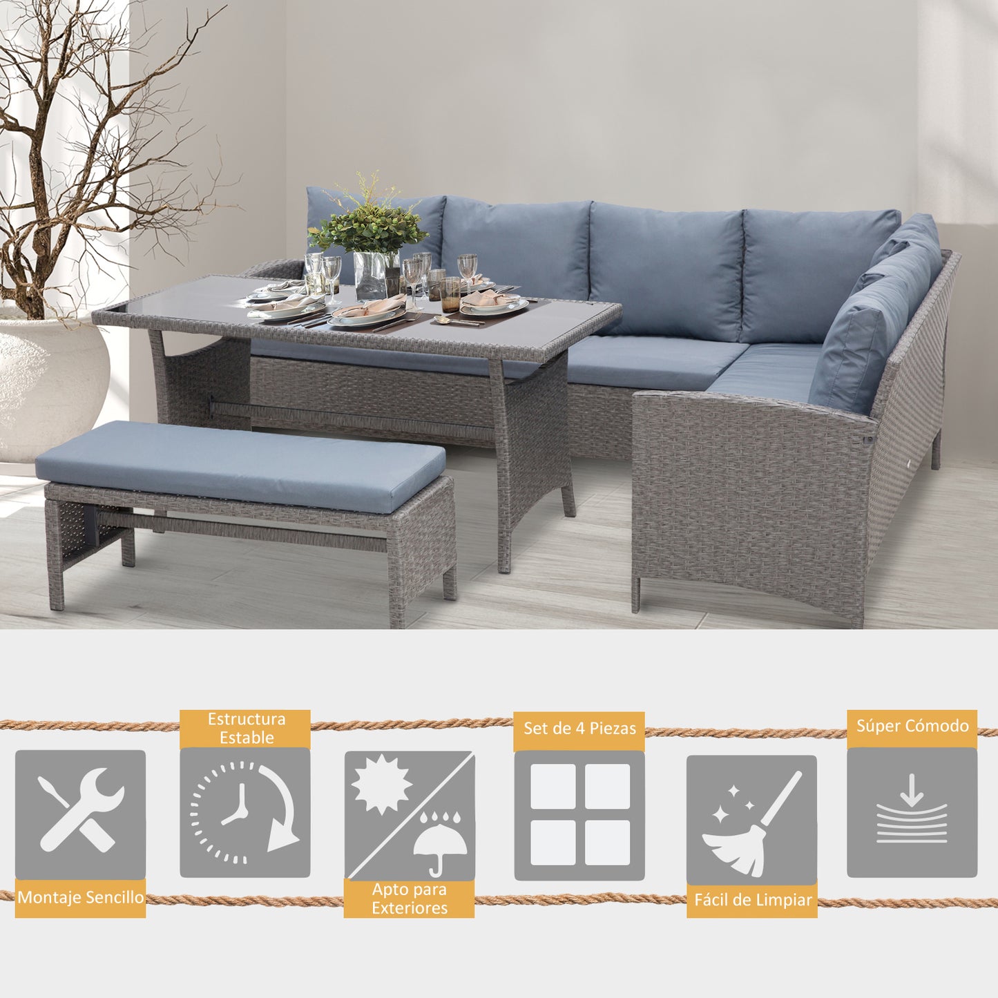 Outsunny Conjunto 4 Piezas Muebles de Ratán Espacio Amplio con Cojines Acolchados para Jardín o Terraza Patio 2 Sofá 1 Mesa 1 Banco de Exterior Tubo de Hierro Vidrio Templado Gris