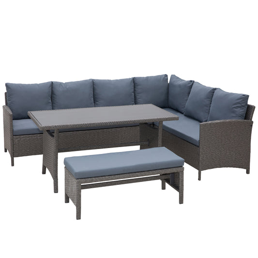 Outsunny Conjunto 4 Piezas Muebles de Ratán Espacio Amplio con Cojines Acolchados para Jardín o Terraza Patio 2 Sofá 1 Mesa 1 Banco de Exterior Tubo de Hierro Vidrio Templado Gris