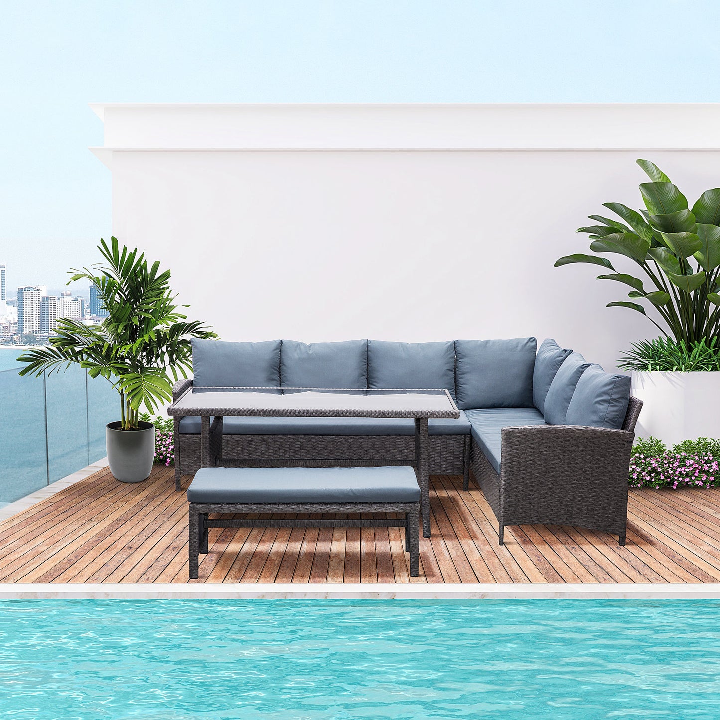 Outsunny Conjunto 4 Piezas Muebles de Ratán Espacio Amplio con Cojines Acolchados para Jardín o Terraza Patio 2 Sofá 1 Mesa 1 Banco de Exterior Tubo de Hierro Vidrio Templado Gris