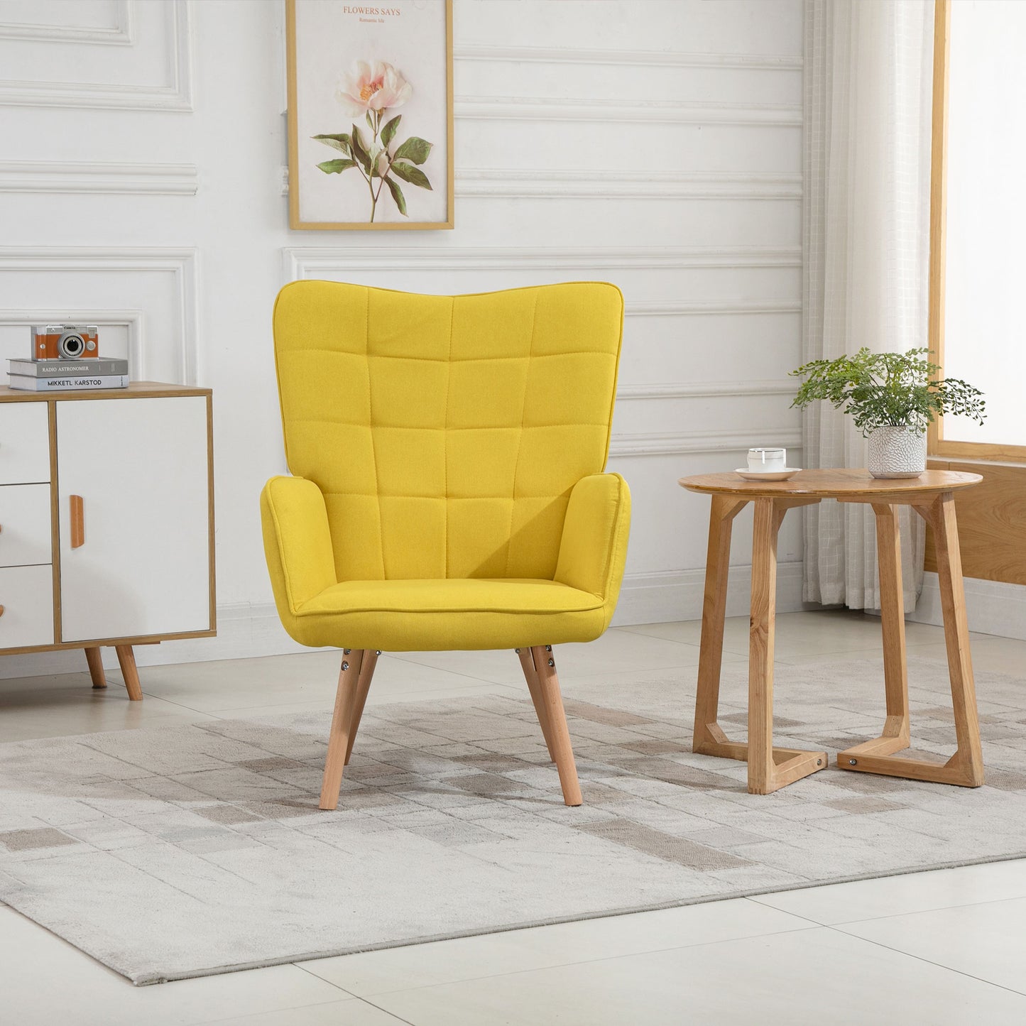 HOMCOM Sillón de Salón Moderno Butaca de Dormitorio con Respaldo Alto Reposabrazos Tela de Lino y Patas de Madera para Sala de Estar 71x76x101 cm Amarillo