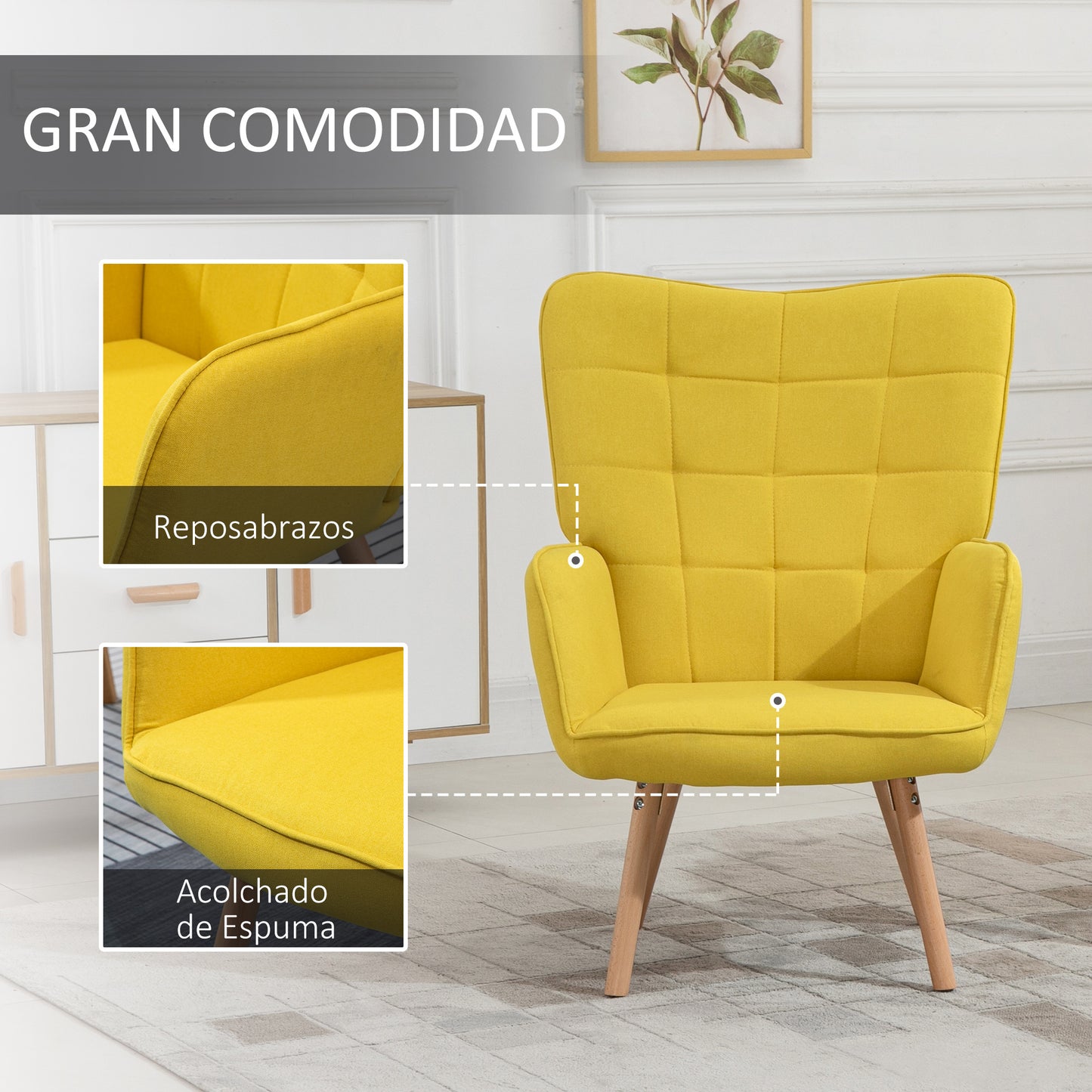 HOMCOM Sillón de Salón Moderno Butaca de Dormitorio con Respaldo Alto Reposabrazos Tela de Lino y Patas de Madera para Sala de Estar 71x76x101 cm Amarillo