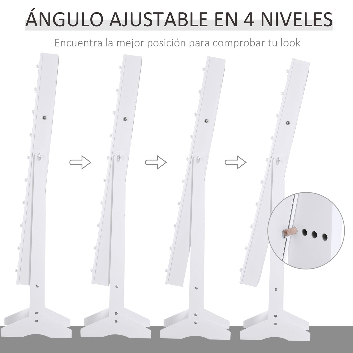 HOMCOM Espejo Joyero con 20 Luces LED Armario Joyero Reclinable con Guardajoyas Anillos Pendientes Collares Cerradura y Llaves 40x37x146 cm Blanco