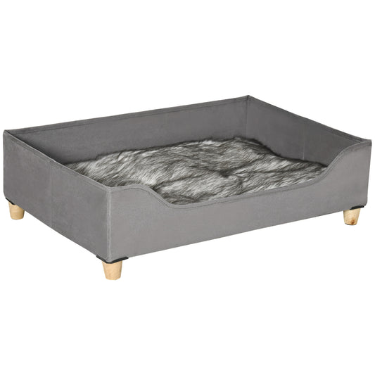 PawHut Sofá para Perros Gatos Cama Cesta para Mascotas Medianas y Pequeñas con Cojín Extraíble Lavable y Patas Elevadas de Madera 81x56x23,5 cm Gris