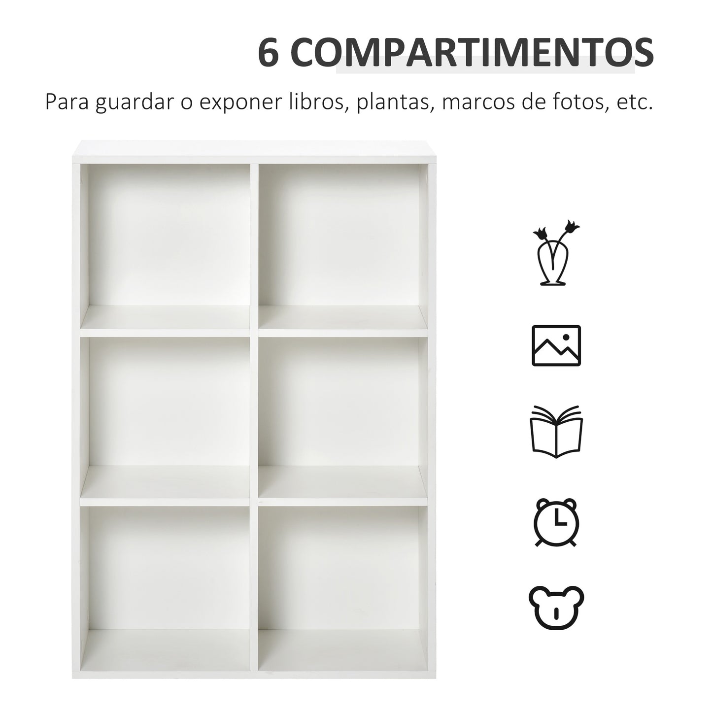 HOMCOM Estantería para Libros Estantes de Madera de 3 Niveles con 6 Cubos de Almacenaje para Sala de Estar Dormitorio Oficina 65,5x30x97,5 cm Blanco