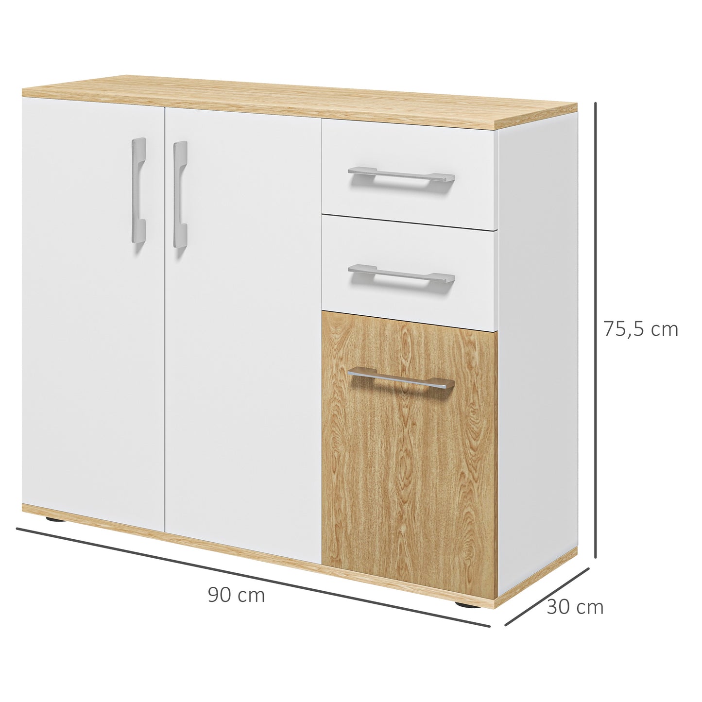 HOMCOM Aparador de Salón Moderno Aparador de Cocina con 2 Cajones 2 Armarios y Estantes Ajustables para Dormitorio Comedor Recibidor 90x30x75,5 cm Blanco y Natural