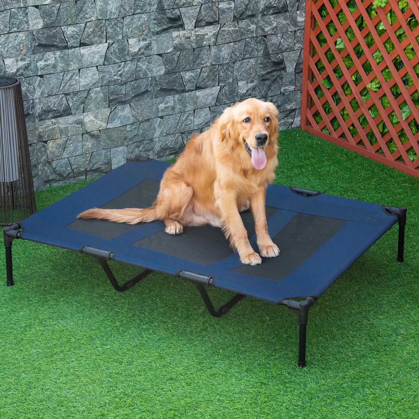 PawHut Cama Elevada para Perros Gatos Portátil Cama para Mascotas con Zona de Malla Transpirable y Tela Oxford para Interior Exterior 122x92x23 cm Azul