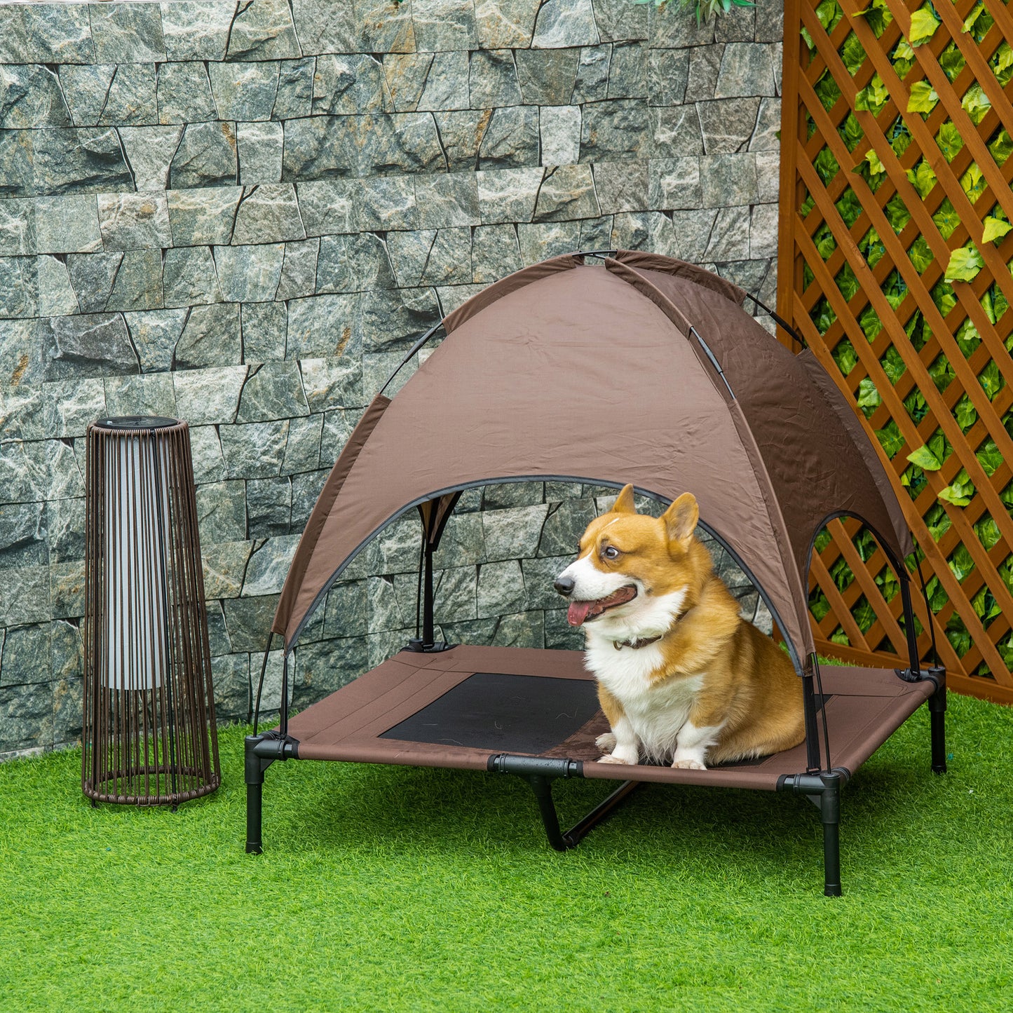 PawHut Cama Elevada para Mascotas Portátil con Toldo Extraíble Tela Transpirable al Aire Libre para Interior y Exterior 92x76x90 cm Café