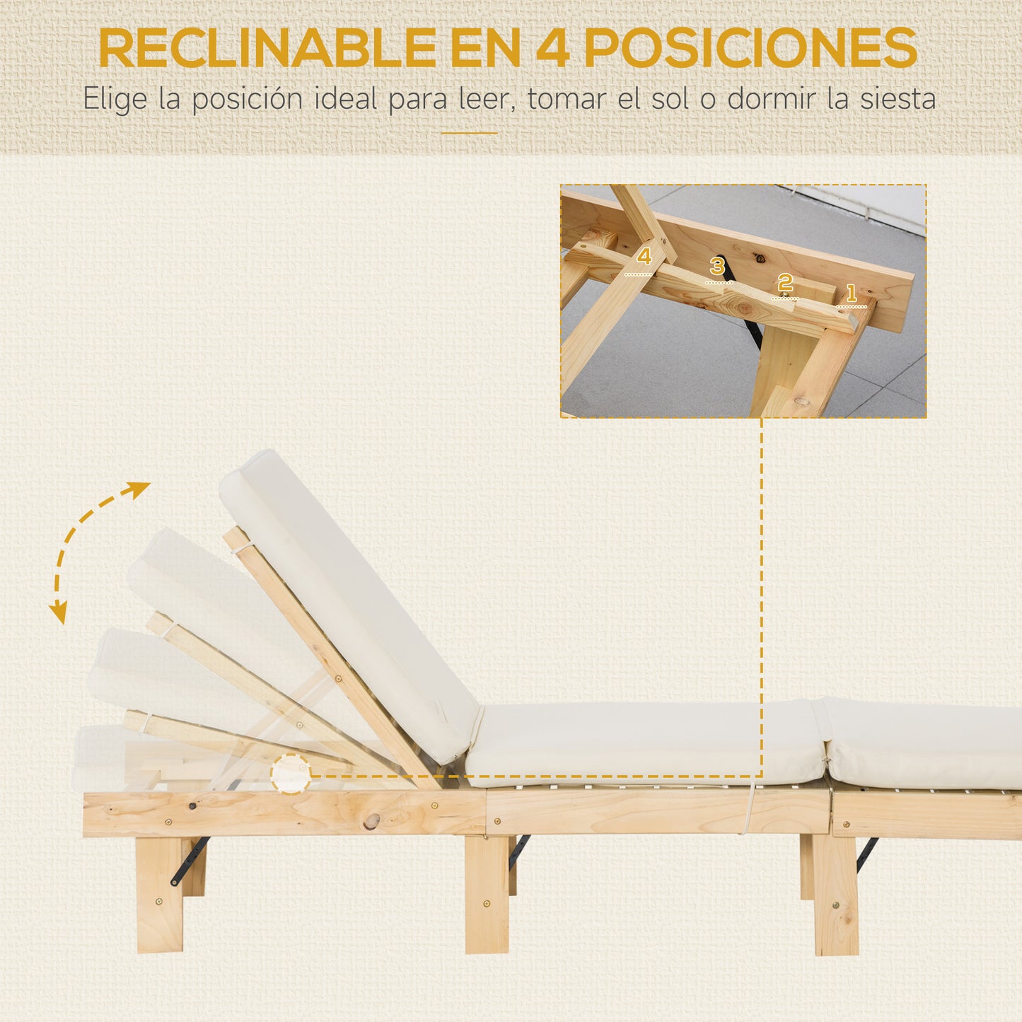 Outsunny Tumbona de Madera Plegable con Respaldo Ajustable en 4 Posiciones Cojín Extraíble Carga 113 kg para Jardín Terraza Camping Exterior 195x59x30 cm Natural