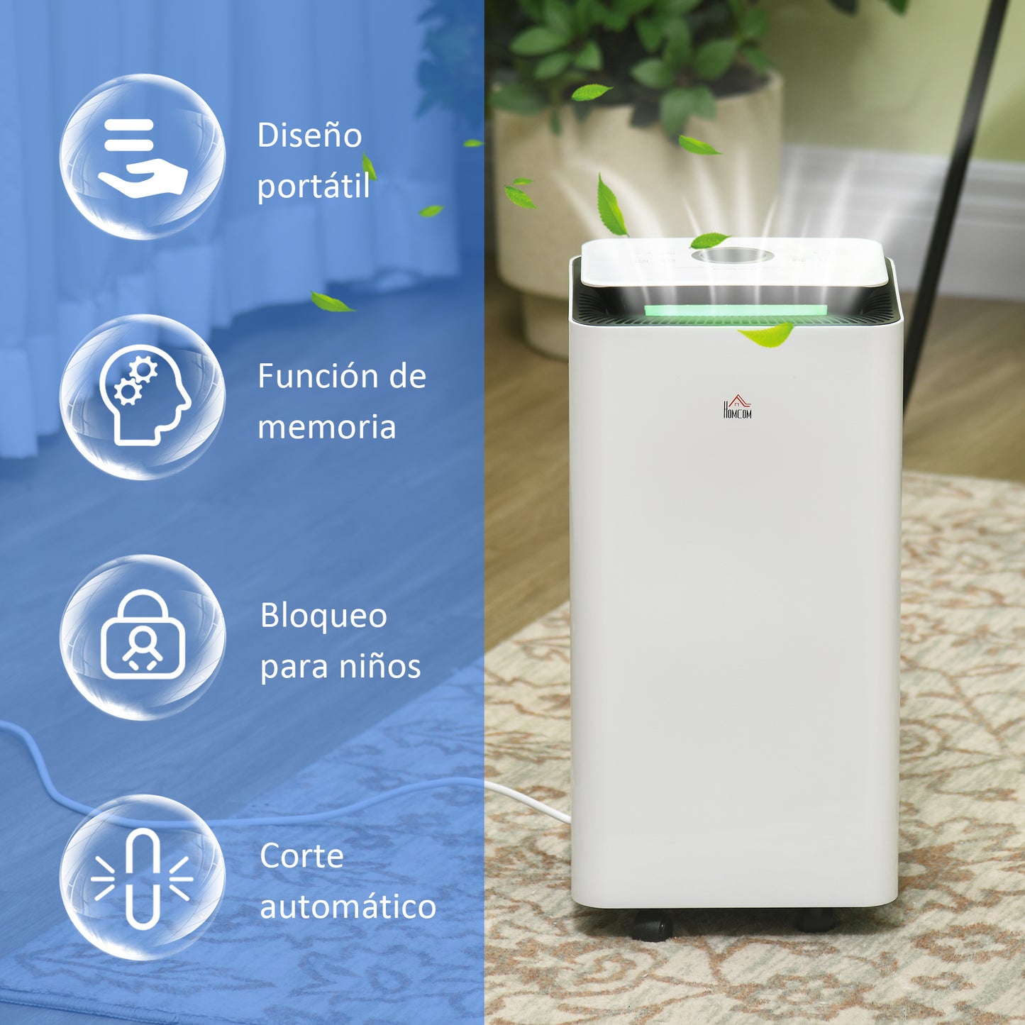 HOMCOM Deshumidificador Eléctrico 12L/día Depósito de Agua 2,5L Deshumidificador Silencioso hasta 10-25m² con 5 Modos 2 Velocidades Pantalla LED Temporizador para Dormitorio Salón Blanco