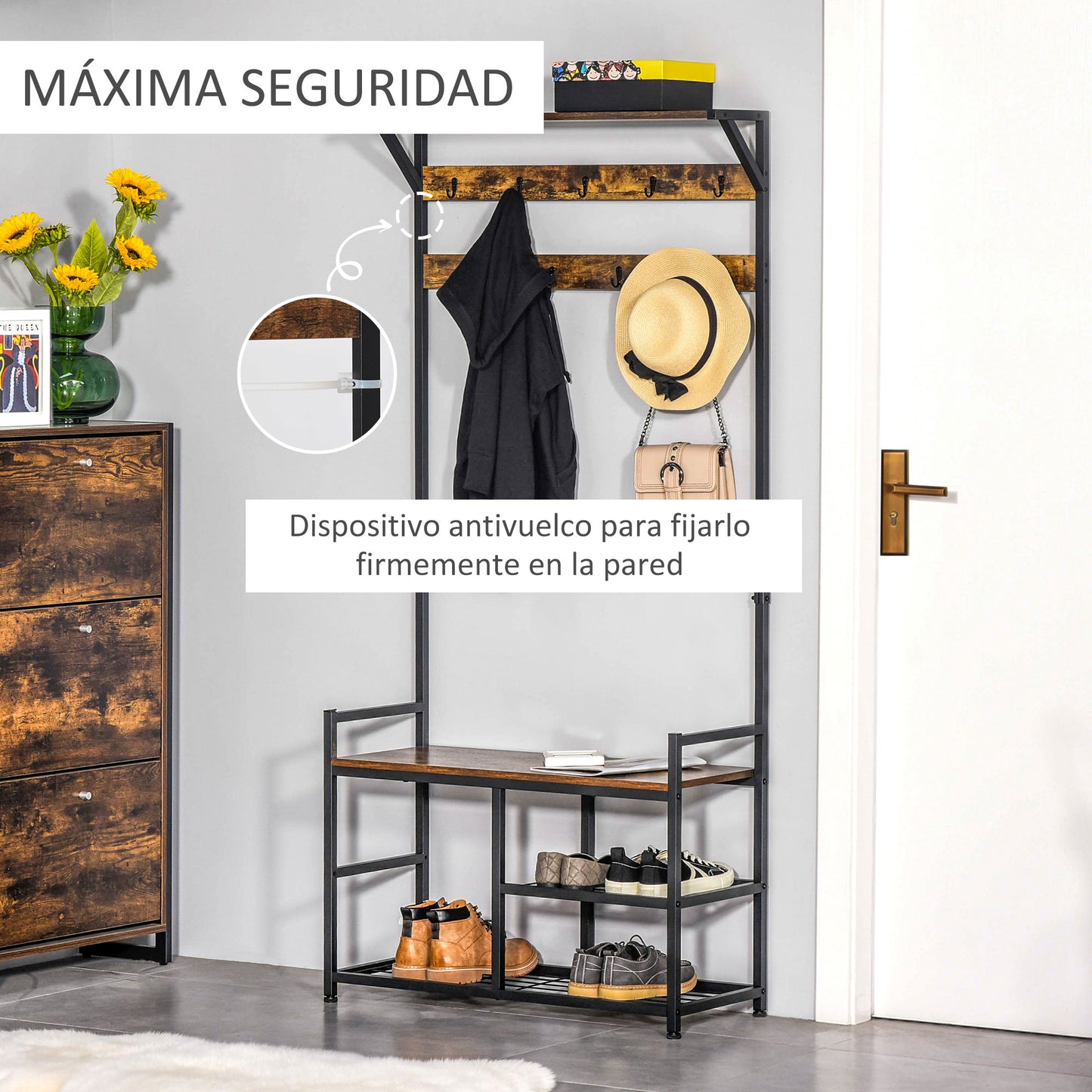 HOMCOM Perchero con Zapatero Perchero de Entrada Recibidor con 3 Estantes 9 Ganchos Patas Ajustables Estilo Industrial para Pasillo Dormitorio 84x34,5x180 cm Color Negro Marrón