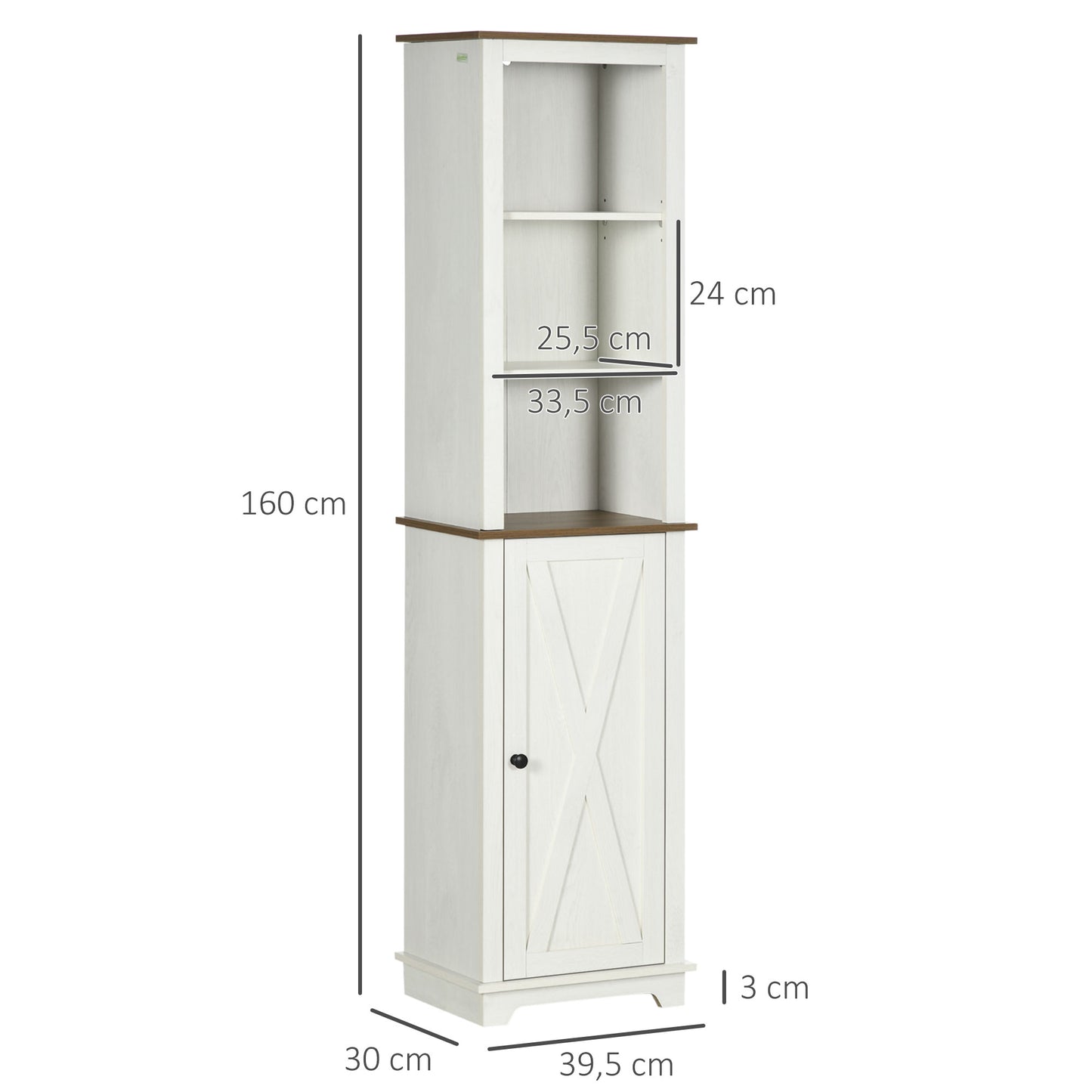 kleankin Armario Alto de Baño Mueble Columna de Baño Armario de Almacenamiento con 3 Compartimientos Puerta y Estante Ajustable 39,5x30x160 cm Blanco