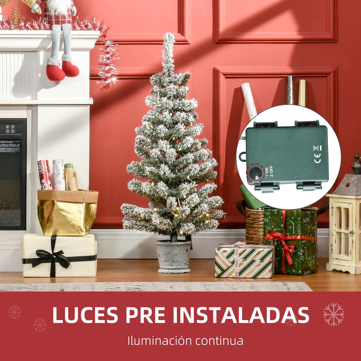 HOMCOM Árbol de Navidad Pequeño Artificial 90 cm con Luces LED 116 Ramas Maceta Desmontable y Soporte de Metal Decoración Navideña para Interior Ø40x90 cm Verde y Blanco