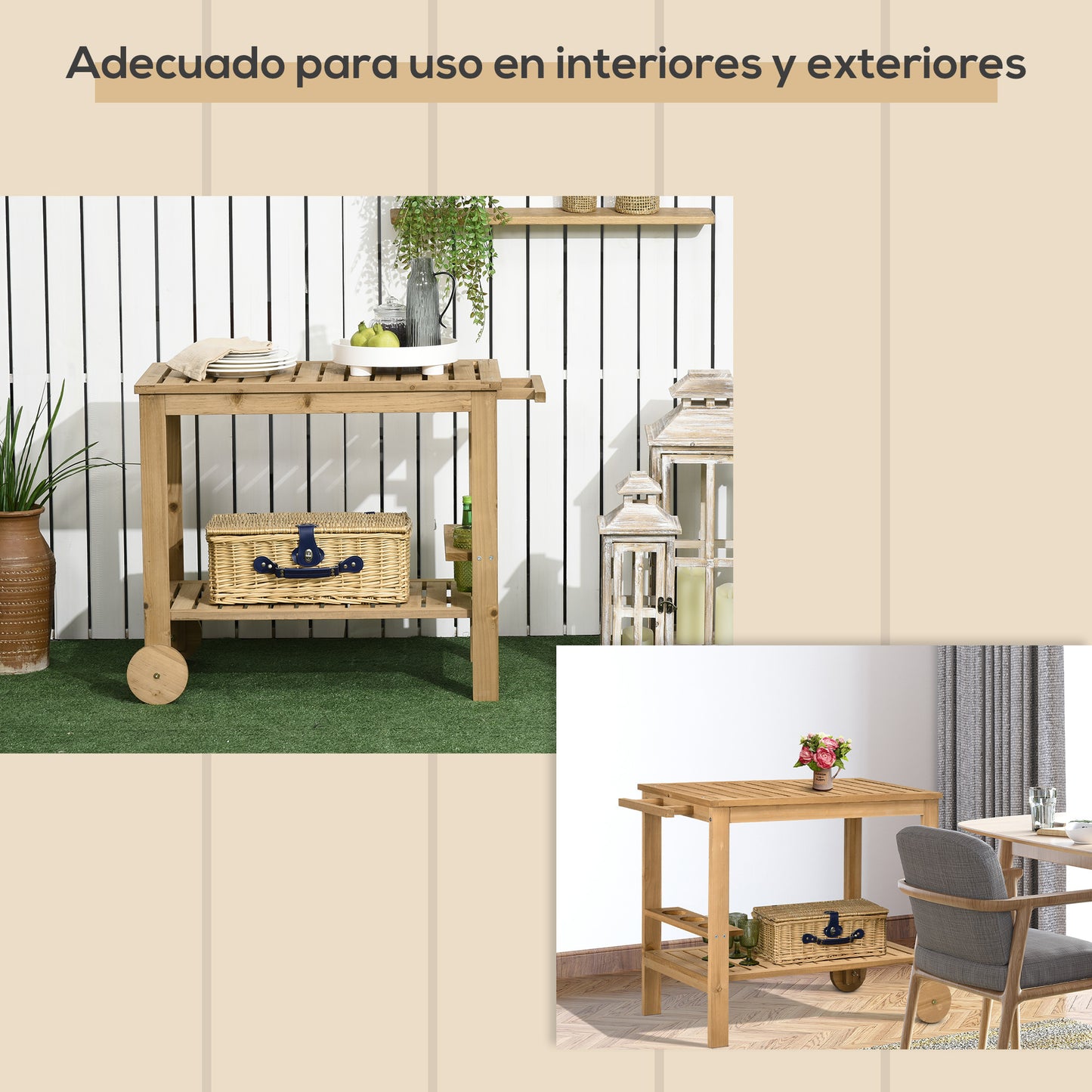 Outsunny Carrito de Madera de Bar Carro de Servicio de 2 Niveles con Asa Lateral 3 Portabotellas y 2 Ruedas para Jardín Patio Terraza 95x47x74 cm Natural