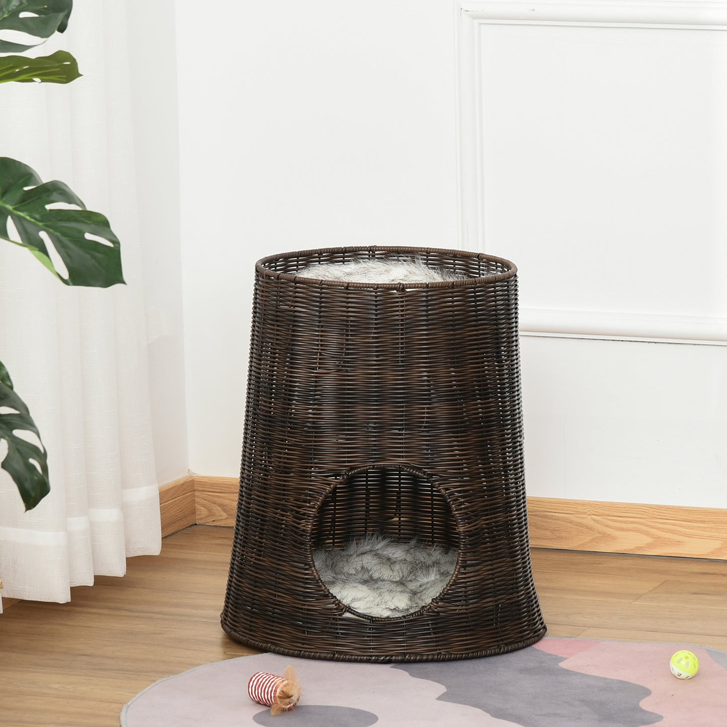 PawHut Cesta de Ratán para Gatos Cama Cueva de 2 Niveles con Cojines Lavables Ø45x50 cm Marrón Oscuro