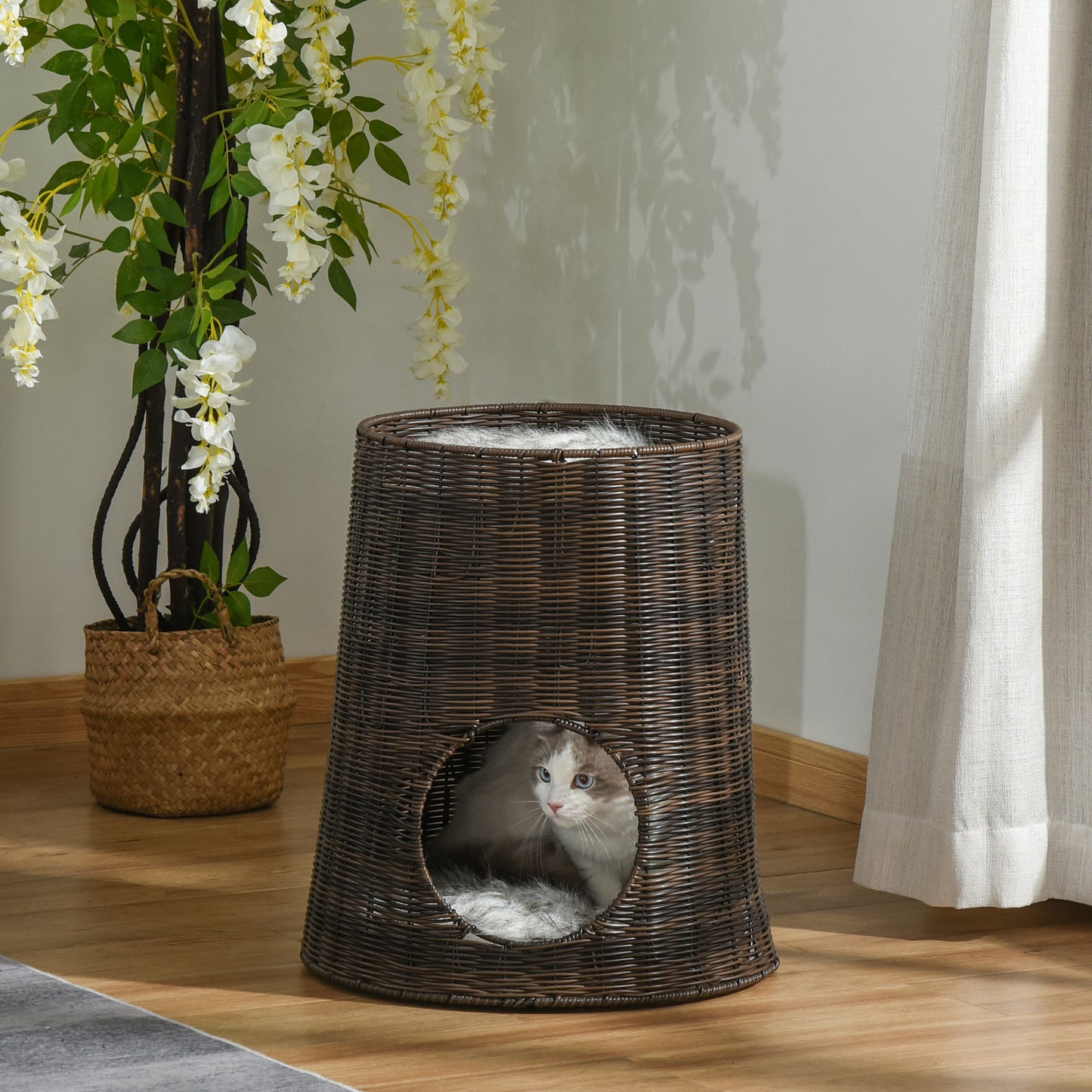 PawHut Cesta de Ratán para Gatos Cama Cueva de 2 Niveles con Cojines Lavables Ø45x50 cm Marrón Oscuro