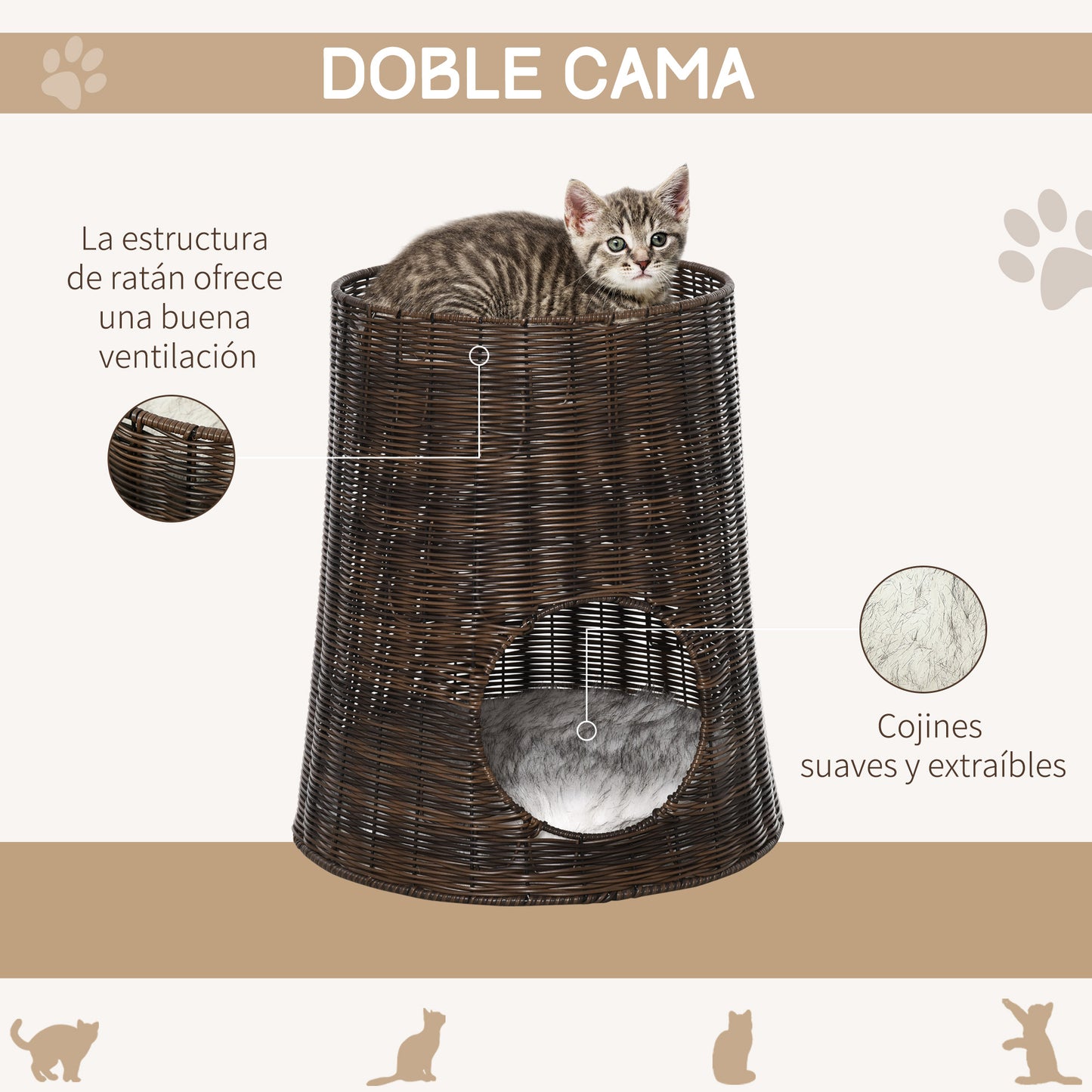 PawHut Cesta de Ratán para Gatos Cama Cueva de 2 Niveles con Cojines Lavables Ø45x50 cm Marrón Oscuro