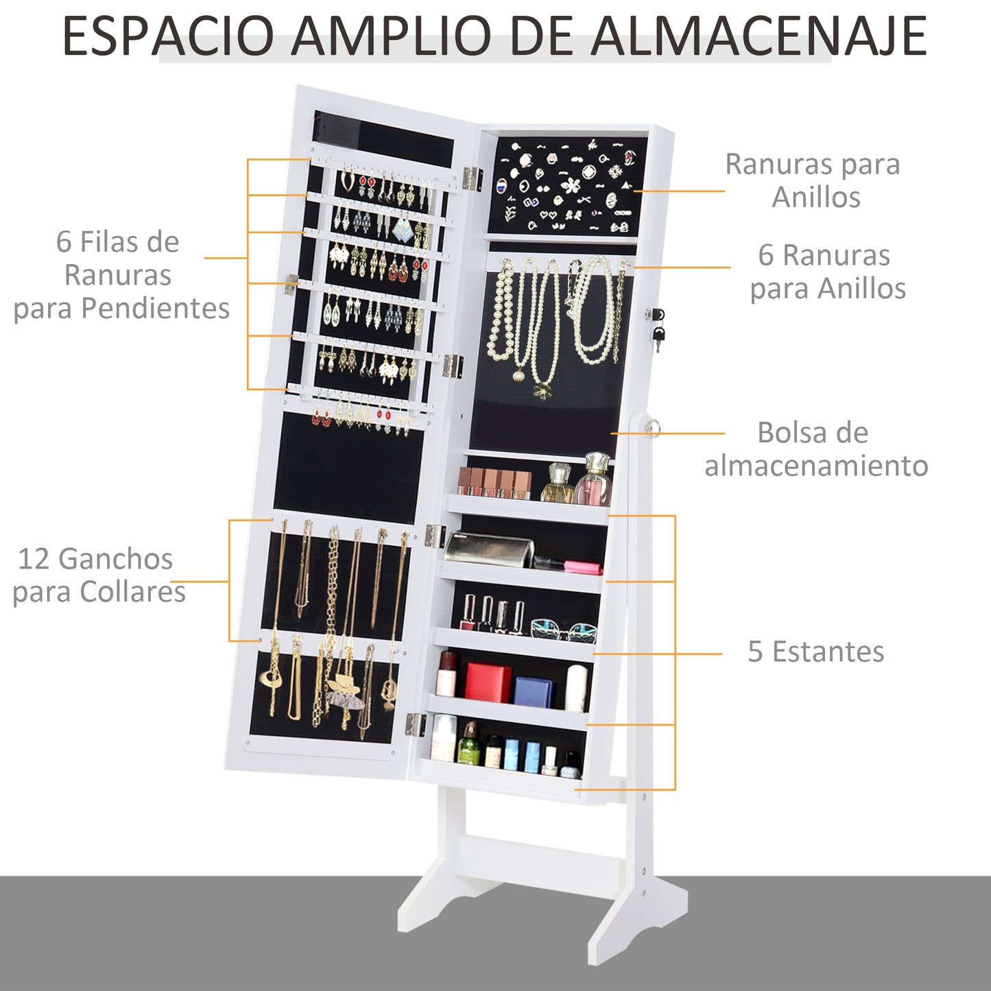 HOMCOM Espejo Joyero con 20 Luces LED Armario Joyero Reclinable con Guardajoyas Anillos Pendientes Collares Cerradura y Llaves 40x37x146 cm Blanco