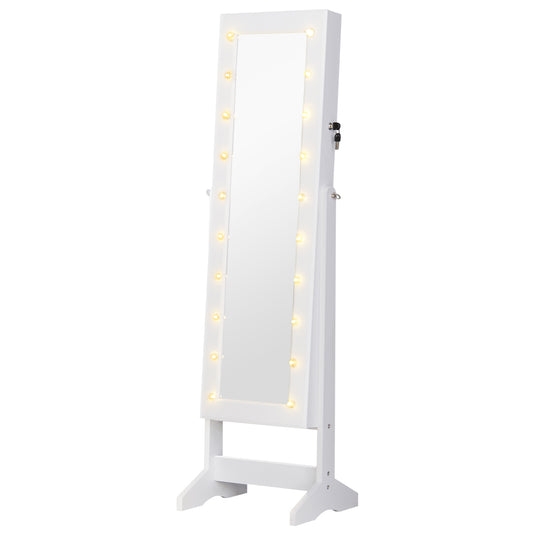 HOMCOM Espejo Joyero con 20 Luces LED Armario Joyero Reclinable con Guardajoyas Anillos Pendientes Collares Cerradura y Llaves 40x37x146 cm Blanco