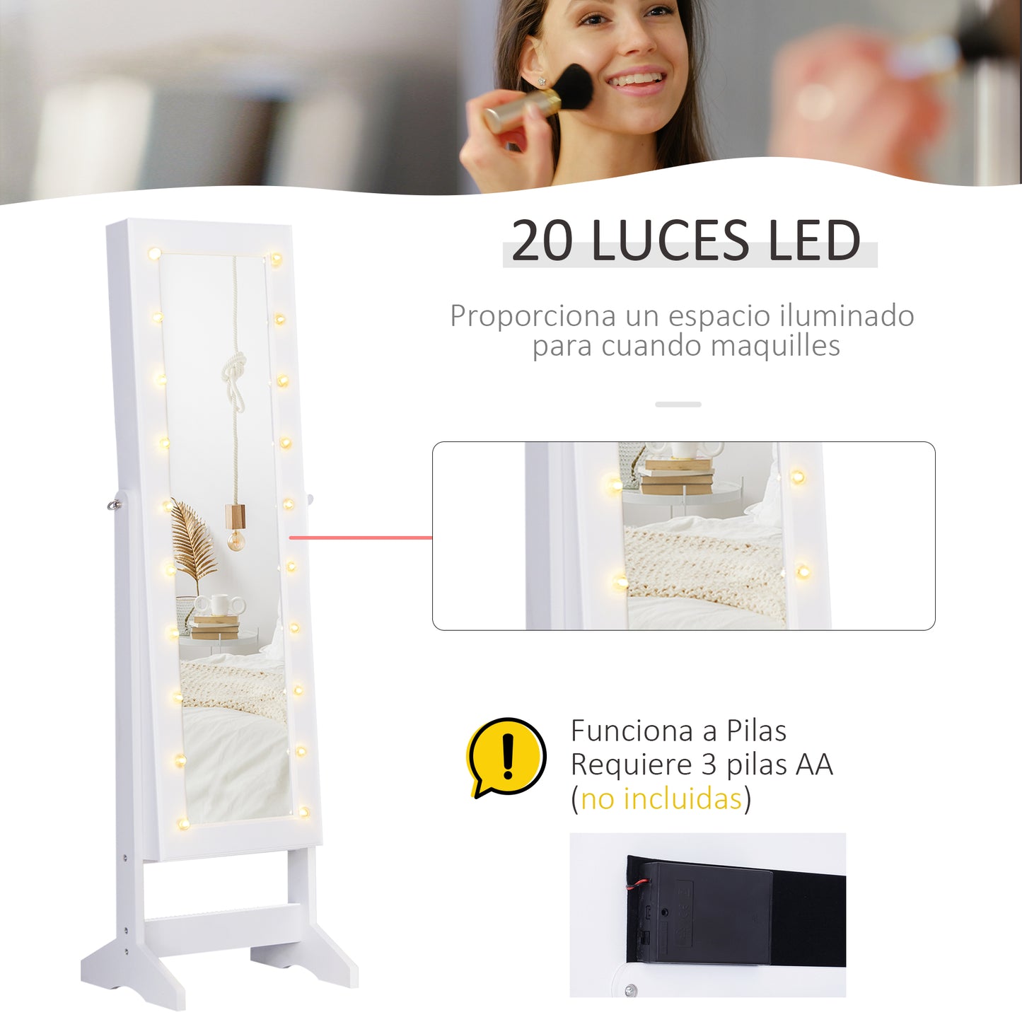 HOMCOM Espejo Joyero con 20 Luces LED Armario Joyero Reclinable con Guardajoyas Anillos Pendientes Collares Cerradura y Llaves 40x37x146 cm Blanco