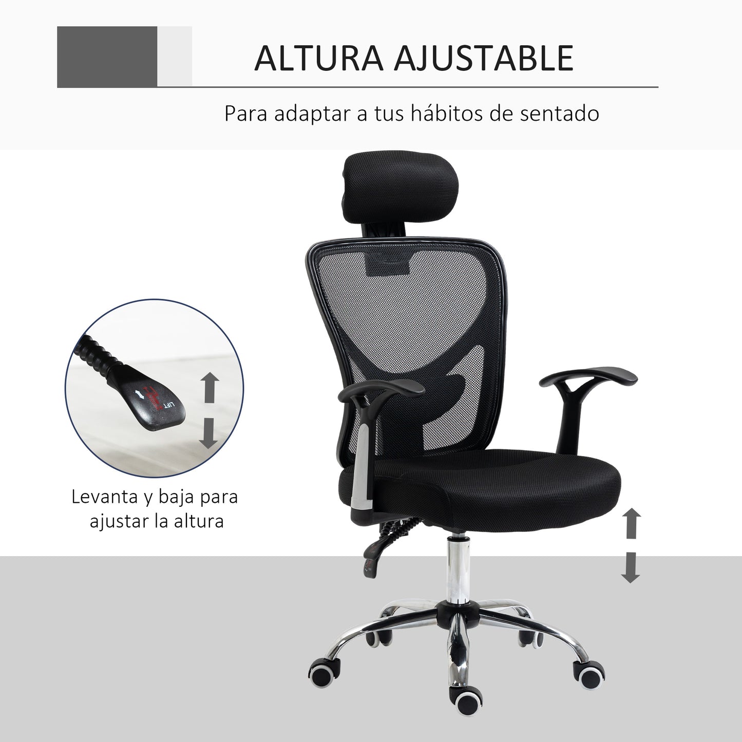 Vinsetto Silla de Oficina Ergonómica Silla de Malla con Altura Ajustable Función Reclinable Reposacabezas Regulable y Soporte Lumbar 62x67x108-118 cm Negro