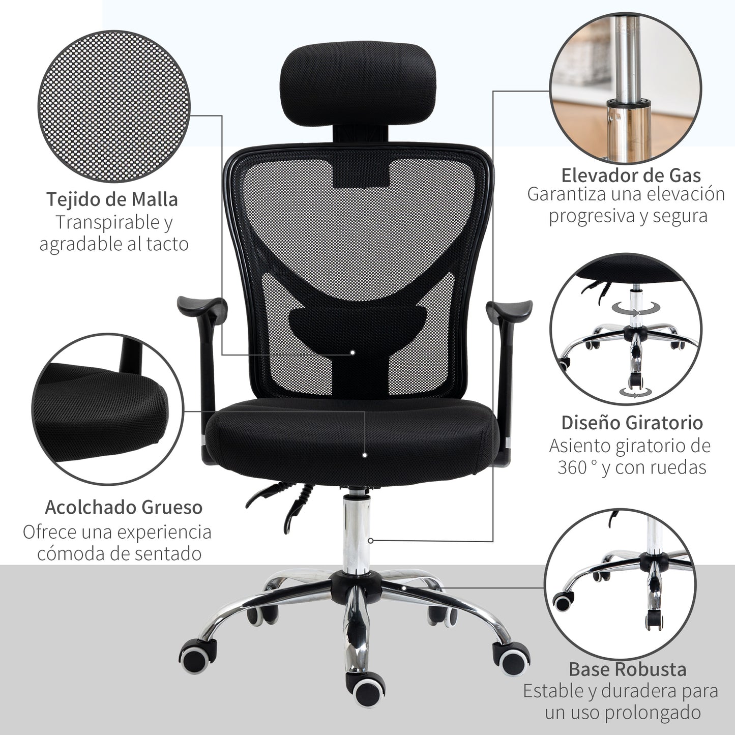 Vinsetto Silla de Oficina Ergonómica Silla de Malla con Altura Ajustable Función Reclinable Reposacabezas Regulable y Soporte Lumbar 62x67x108-118 cm Negro