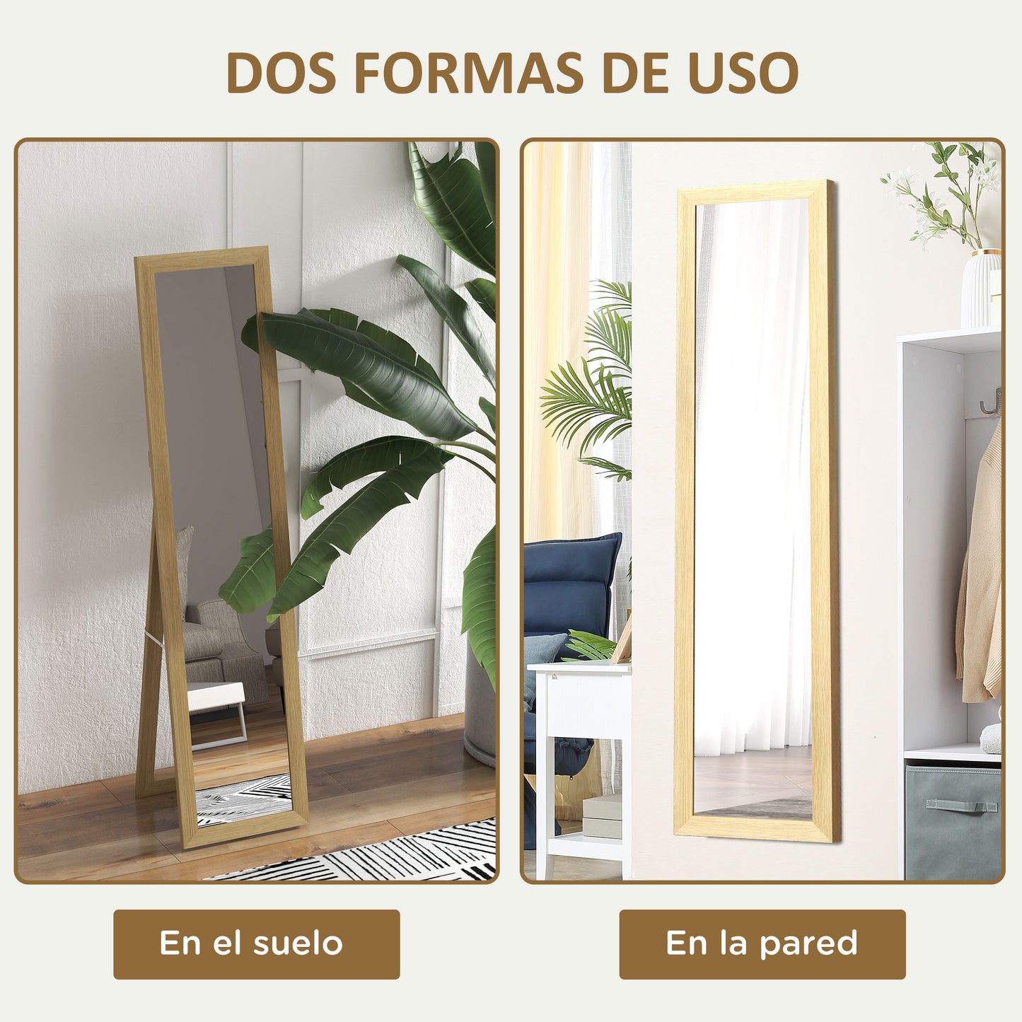 HOMCOM Espejo de Cuerpo Entero 37x157 cm Espejo de Pie Espejo de Pared Forma Rectangular con Marco de Madera Decorativo para Salón Dormitorio Pasillo Roble