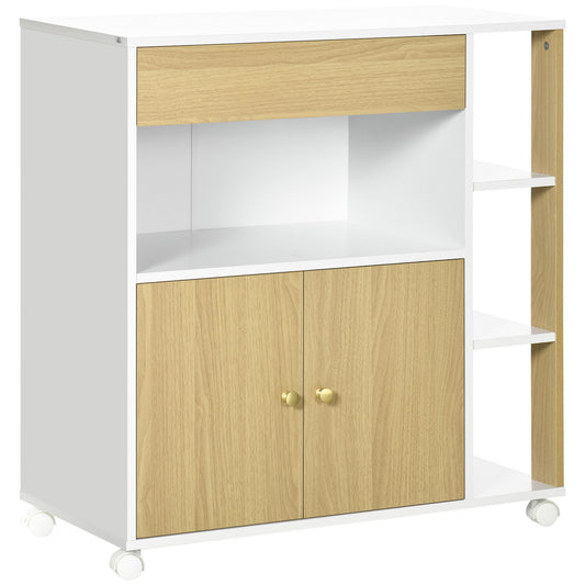 HOMCOM Carrito de Cocina Carrito Auxiliar con Ruedas 2 Puertas Cajón Almacenamiento Abierto y 3 Estantes Laterales para Comedor Salón 80x39x85,5 cm Roble y Blanco