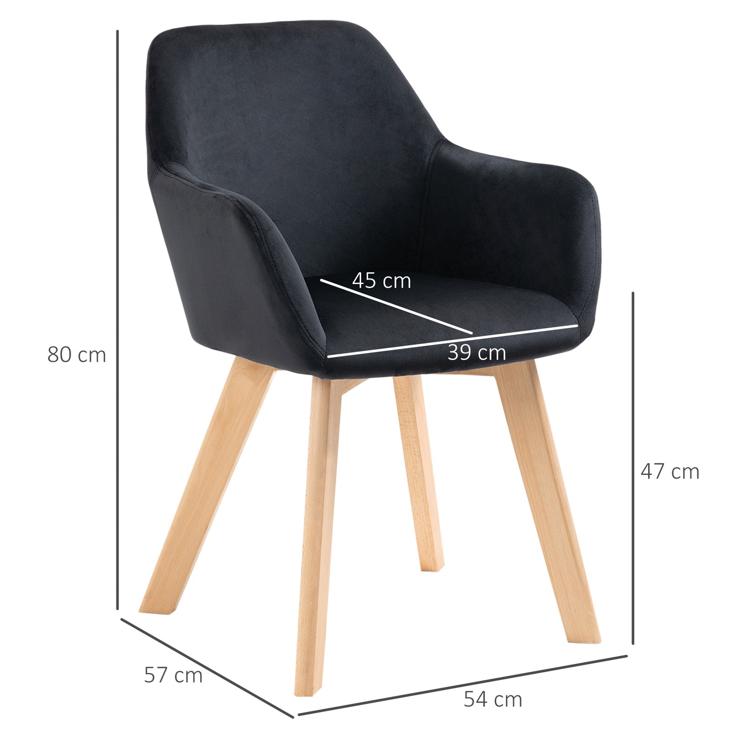 HOMCOM Juego de 2 Sillas de Comedor Modernas Sillas de Cocina Tapizado en Terciopelo con Respaldo Medio y Patas de Madera de Caucho para Salón Carga 120 kg 54x57x80 cm Negro