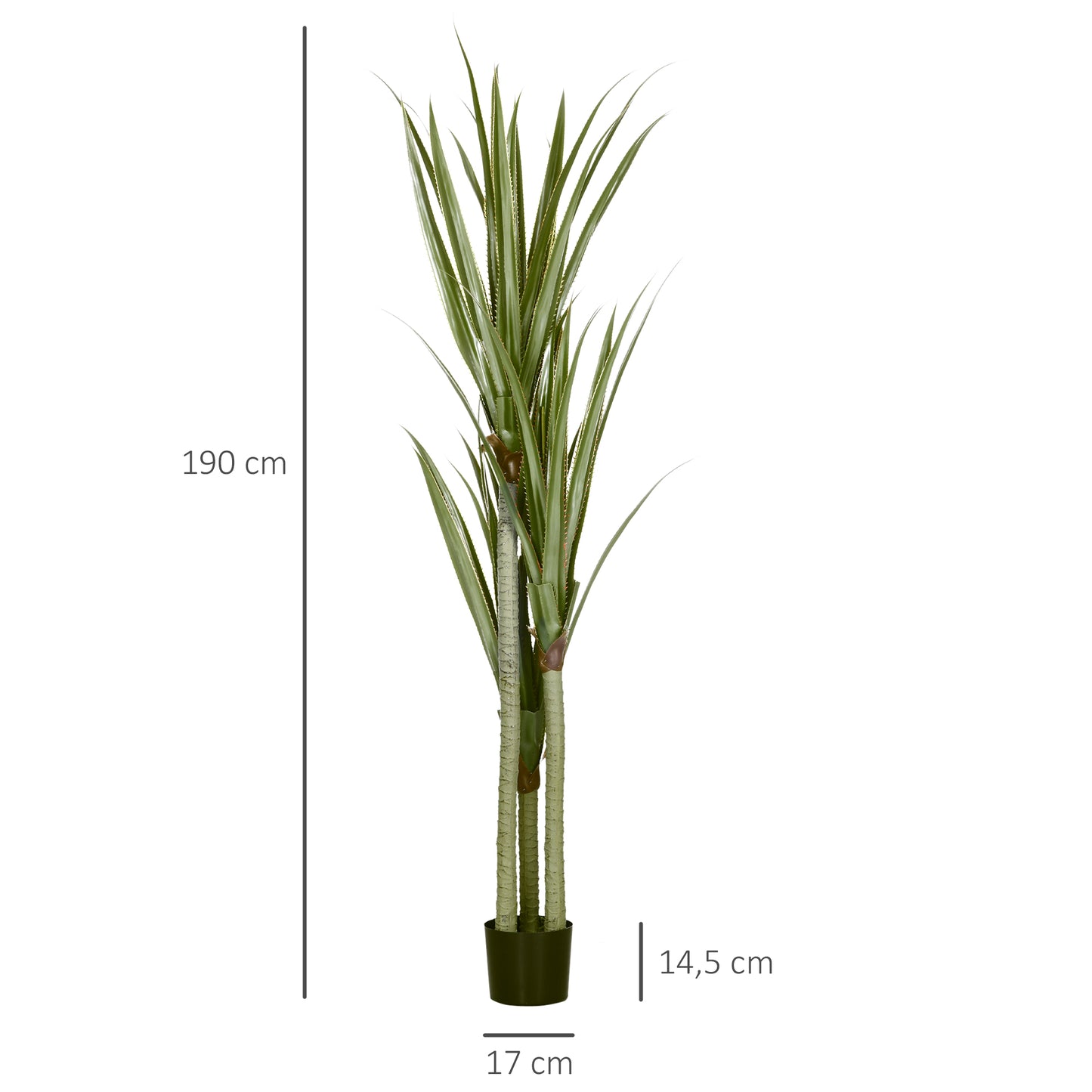 HOMCOM Planta Artificial de Yuca en Maceta 190 cm Planta Falsa con 39 Hojas Realistas para Decoración en Hogar Salón Oficina Jardín Ø17x190 cm Verde