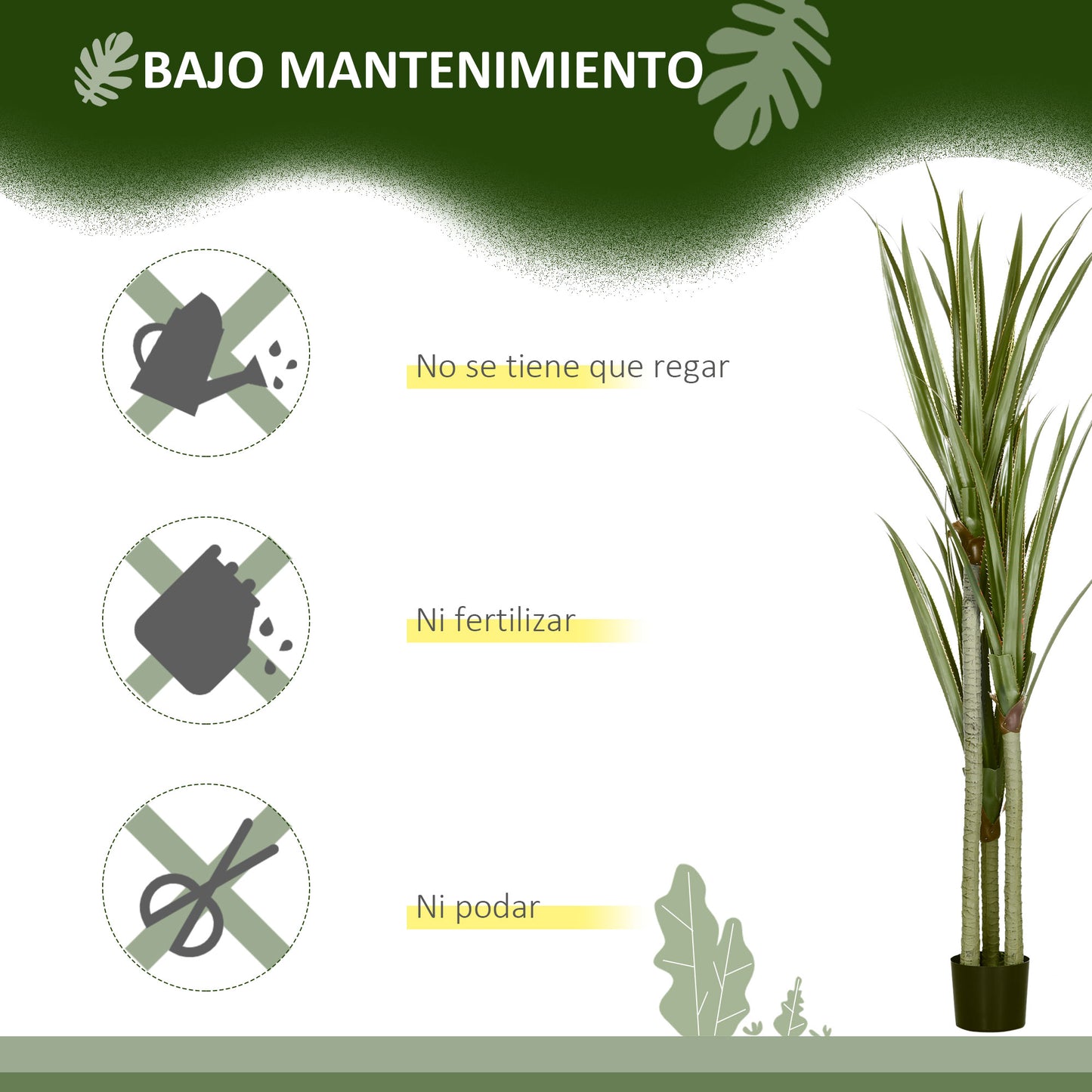 HOMCOM Planta Artificial de Yuca en Maceta 190 cm Planta Falsa con 39 Hojas Realistas para Decoración en Hogar Salón Oficina Jardín Ø17x190 cm Verde