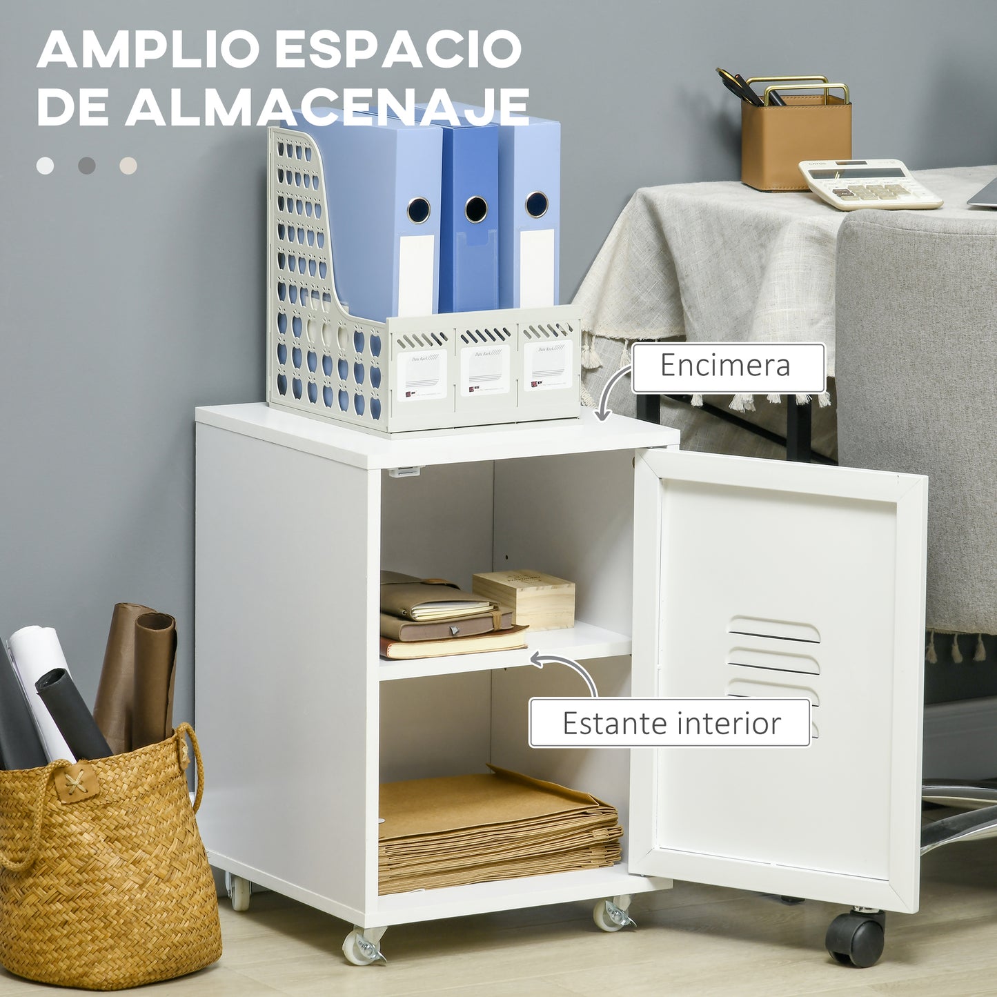 Vinsetto Cajonera de Oficina Mueble Archivador con Ruedas Estante Ajustable y Puerta de Metal para Tamaño A4 para Estudio Salón 38x38,5x55,5 cm Blanco