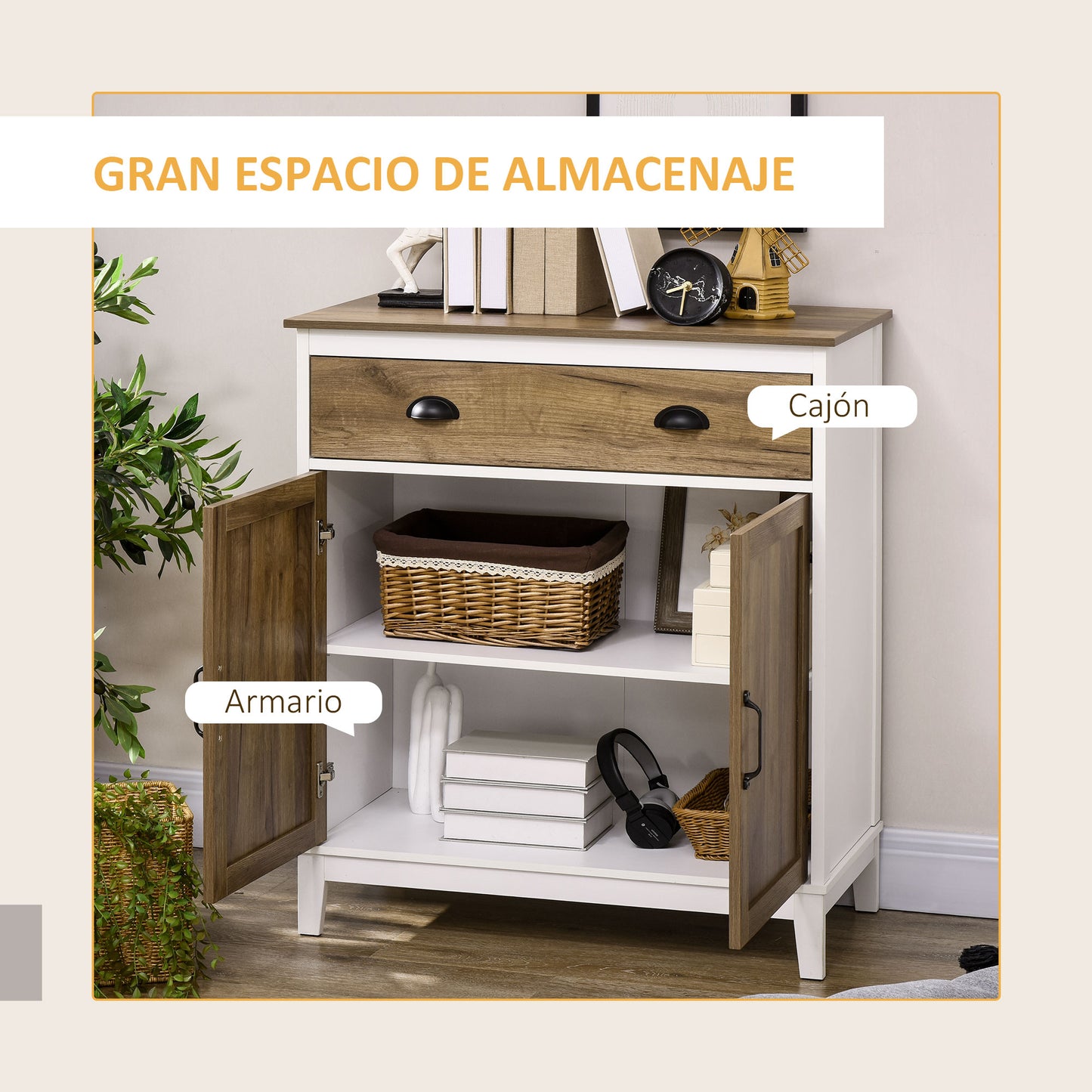 HOMCOM Aparador para Salón Armario de Almacenamiento con Cajón 2 Puertas y Estante Ajustable para Dormitorio Comedor Cocina 78,5x39x89,4 cm Marrón