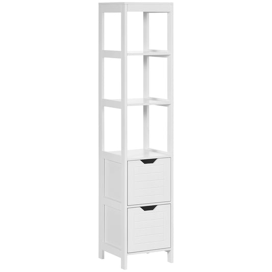 kleankin Armario Alto de Baño Multiusos Mueble Columna con 3 Estantes Abiertos y 2 Cajones de Almacenaje Diseño Antivuelco 30x30x144 cm Blanco