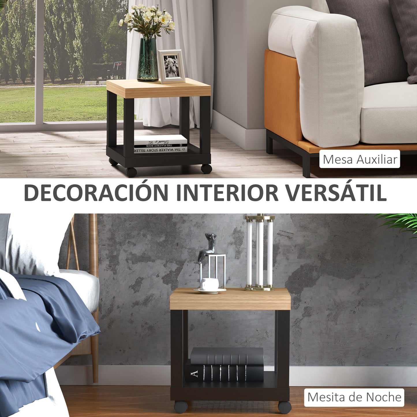 HOMCOM Mesita Auxiliar con Ruedas Mesa Auxiliar con Estante Abierto Mesa para Sofá Sala Dormitorio 40x40x40 cm Negro y Natural