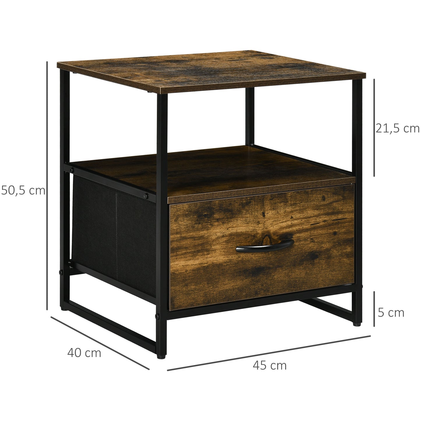 HOMCOM Cómoda Cajonera Cómoda de Madera con 1 cajón de Tela Plegable y Estante Abierto para Salón Oficina Dormitorio Estilo Industrial Antivuelco 45x40x50,5 cm Marrón Rústico