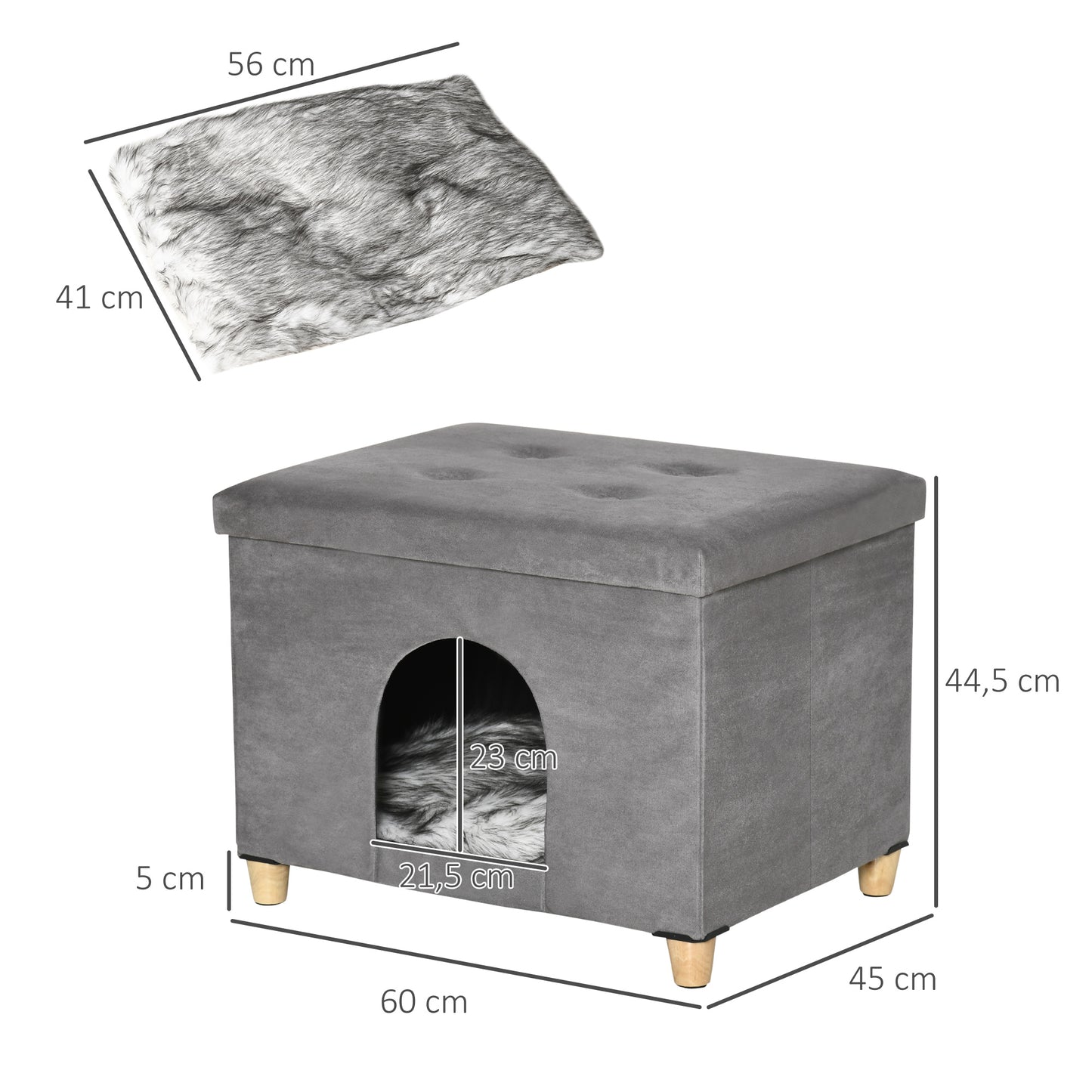 PawHut Cueva para Gatos 2 en 1 Taburete Reposapiés con Tapa Extraíble Orificio de Entrada Cojín Lavable y Patas Elevadas de Madera para Interior 60x45x44,5 cm Gris