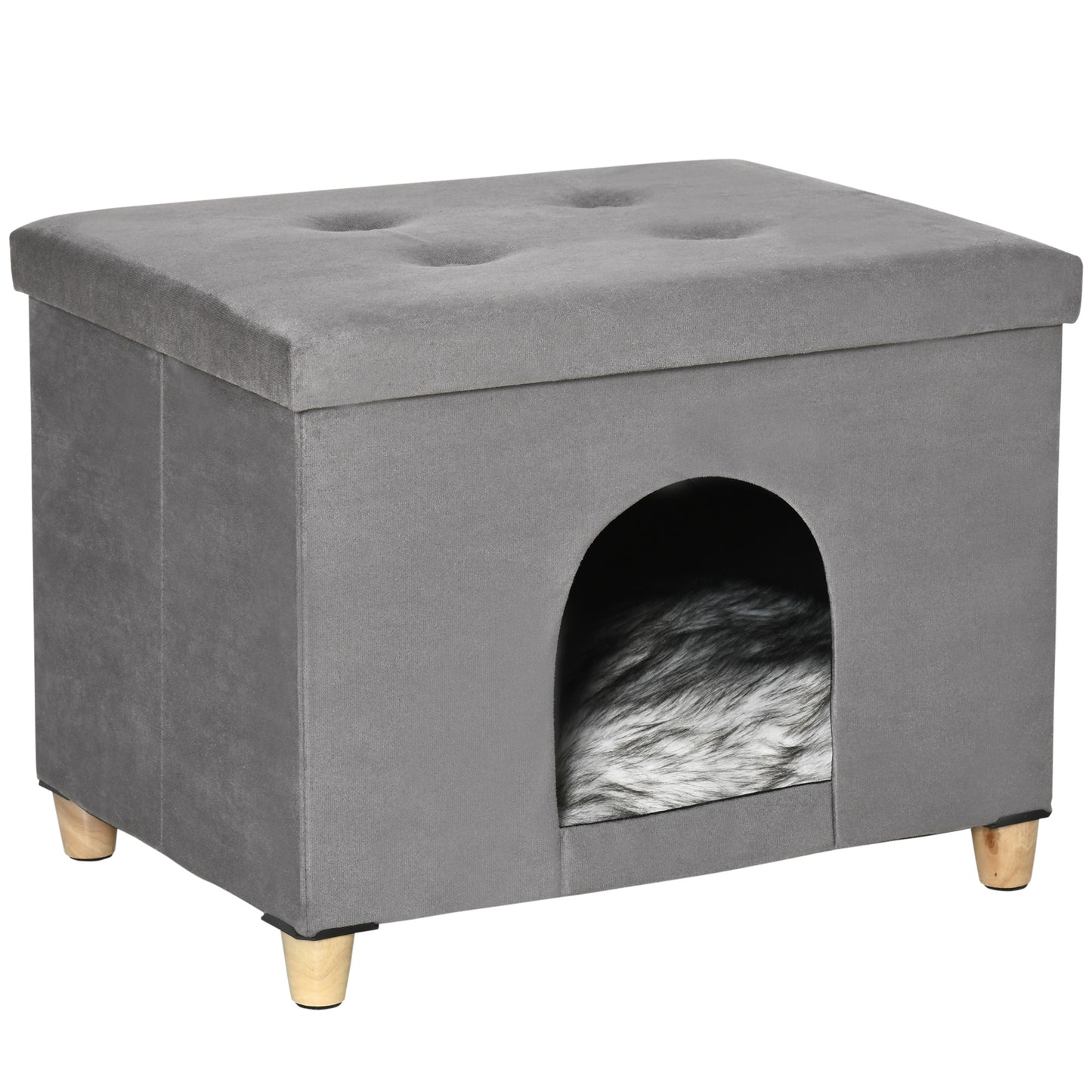 PawHut Cueva para Gatos 2 en 1 Taburete Reposapiés con Tapa Extraíble Orificio de Entrada Cojín Lavable y Patas Elevadas de Madera para Interior 60x45x44,5 cm Gris