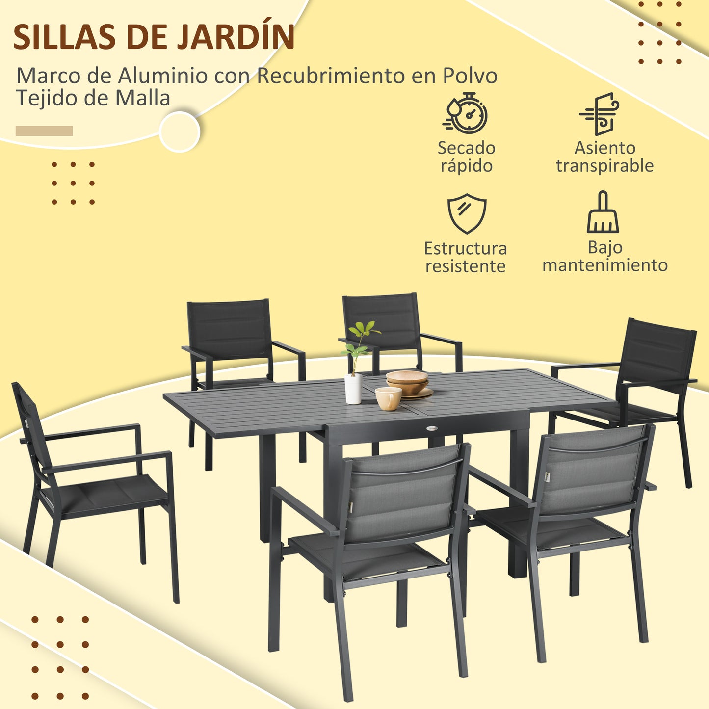 Outsunny Conjunto Muebles de Jardín 7 Piezas de Aluminio Juego de Comedor Exterior con Mesa Extensible y 6 Sillas Apilables y Asiento de Texteline 90-180x89x74 cm Gris