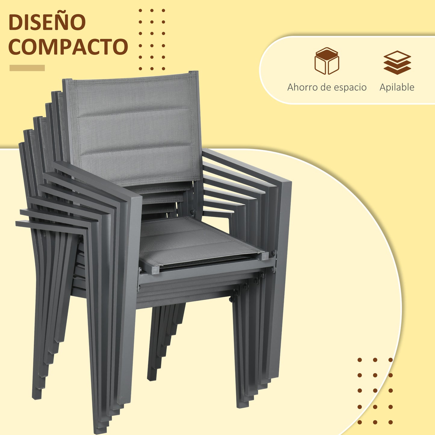 Outsunny Conjunto Muebles de Jardín 7 Piezas de Aluminio Juego de Comedor Exterior con Mesa Extensible y 6 Sillas Apilables y Asiento de Texteline 90-180x89x74 cm Gris