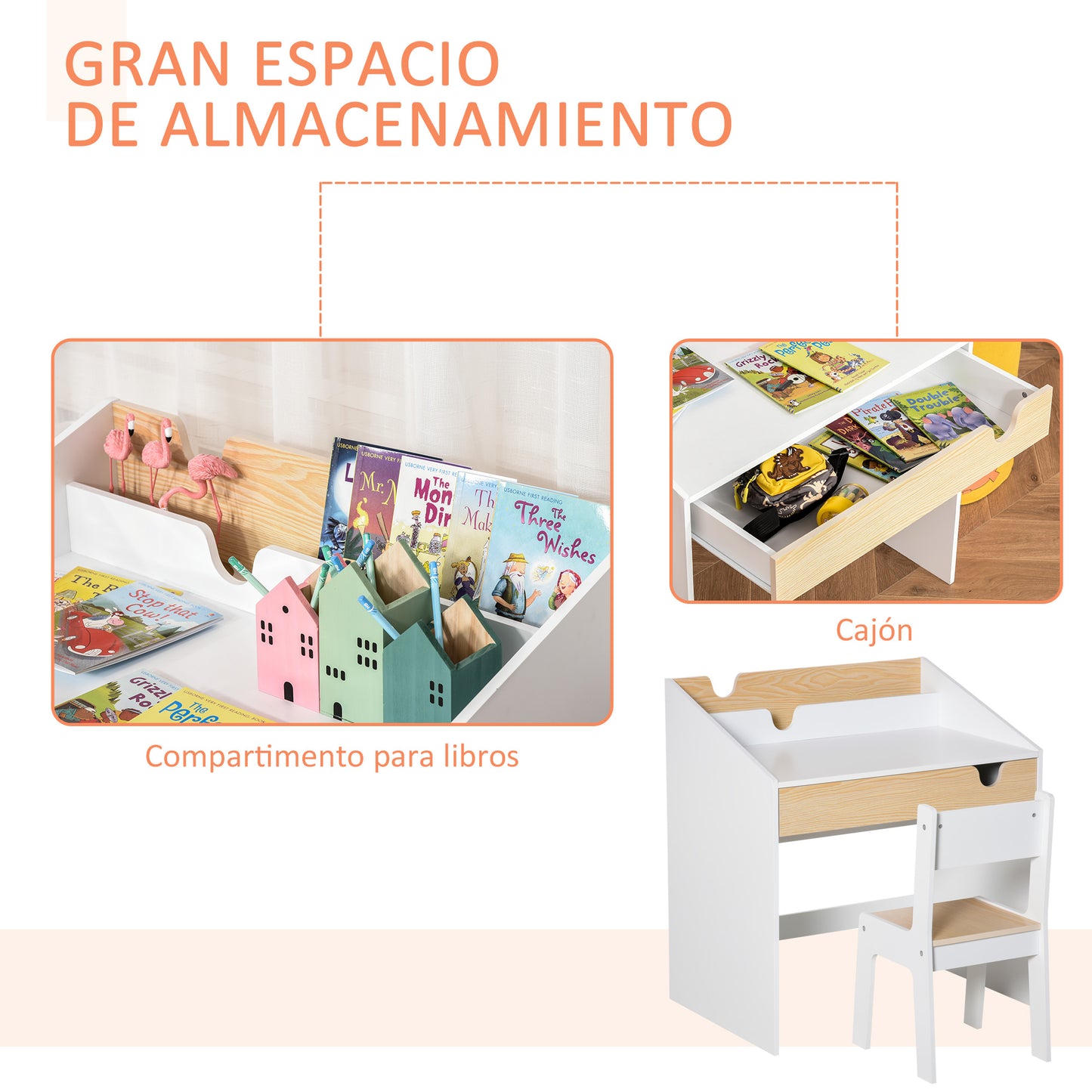 HOMCOM Escritorio para Niños con Silla de 3 a 6 Años Pupitre Infantil 2 en 1 Conjunto de Escritorio 2 Piezas con Cajón y Eatantes de Libros 70x50x75 cm Blanco y Natural