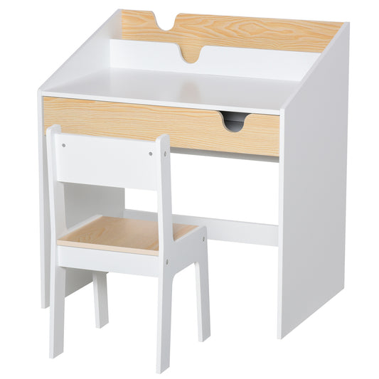 HOMCOM Escritorio para Niños con Silla de 3 a 6 Años Pupitre Infantil 2 en 1 Conjunto de Escritorio 2 Piezas con Cajón y Eatantes de Libros 70x50x75 cm Blanco y Natural