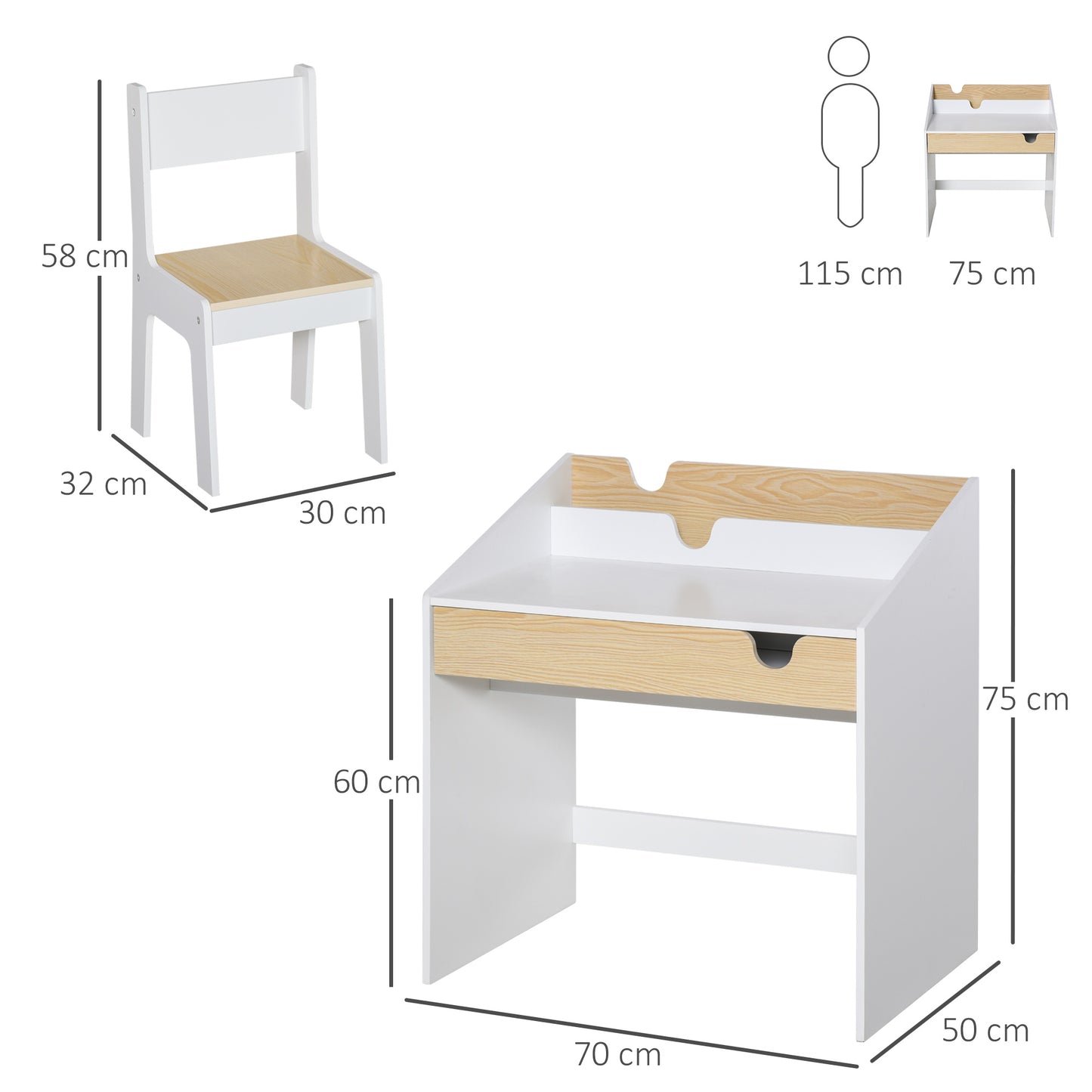 HOMCOM Escritorio para Niños con Silla de 3 a 6 Años Pupitre Infantil 2 en 1 Conjunto de Escritorio 2 Piezas con Cajón y Eatantes de Libros 70x50x75 cm Blanco y Natural