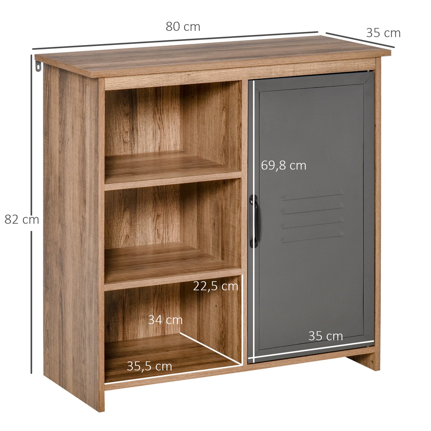 HOMCOM Aparador con Puerta de Metal Mueble Auxiliar con 3 Estantes Abiertos y Armario con Puerta y Balda Ajustable para Salón Cocina 80x35x82 cm Madera Natural