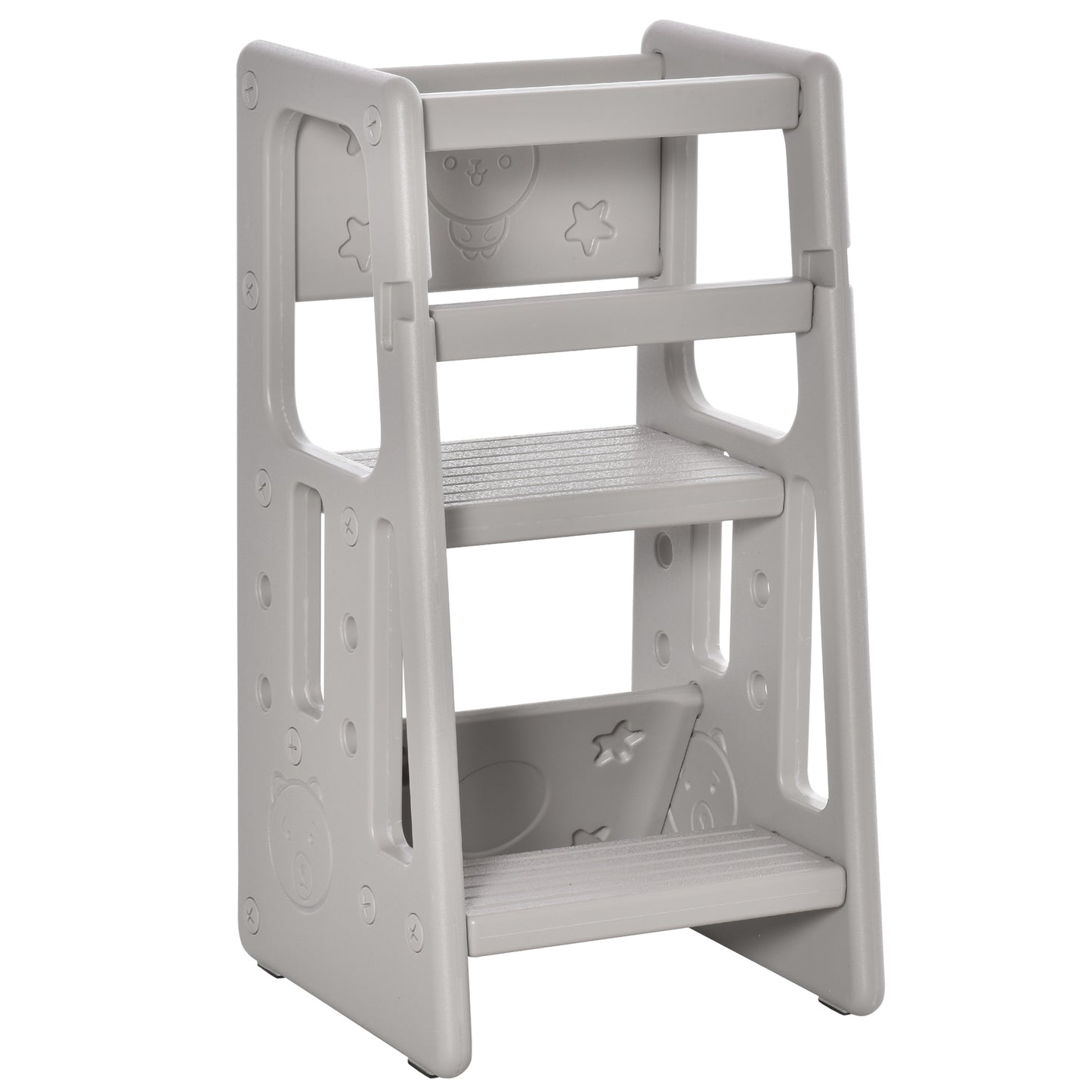 HOMCOM Torre de Aprendizaje para Niños Taburete Infantil con Altura Ajustable en 3 Posiciones y Plataforma Antideslizante para Cocina Comedor Baño 47x47x90 cm Gris