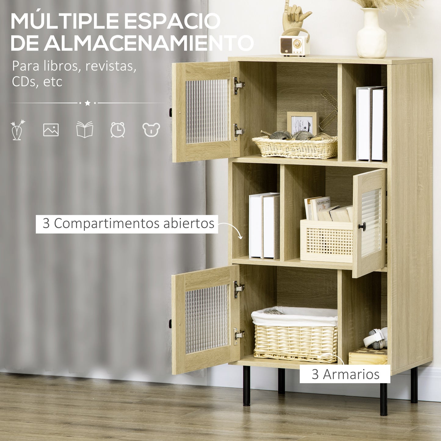 HOMCOM Estantería Librería Armario de Libros Vitrina con 3 Puertas de Vidrio Almacenamiento Abierto y Patas de Acero para Salón Oficina Estudio 60x40x120 cm Natural